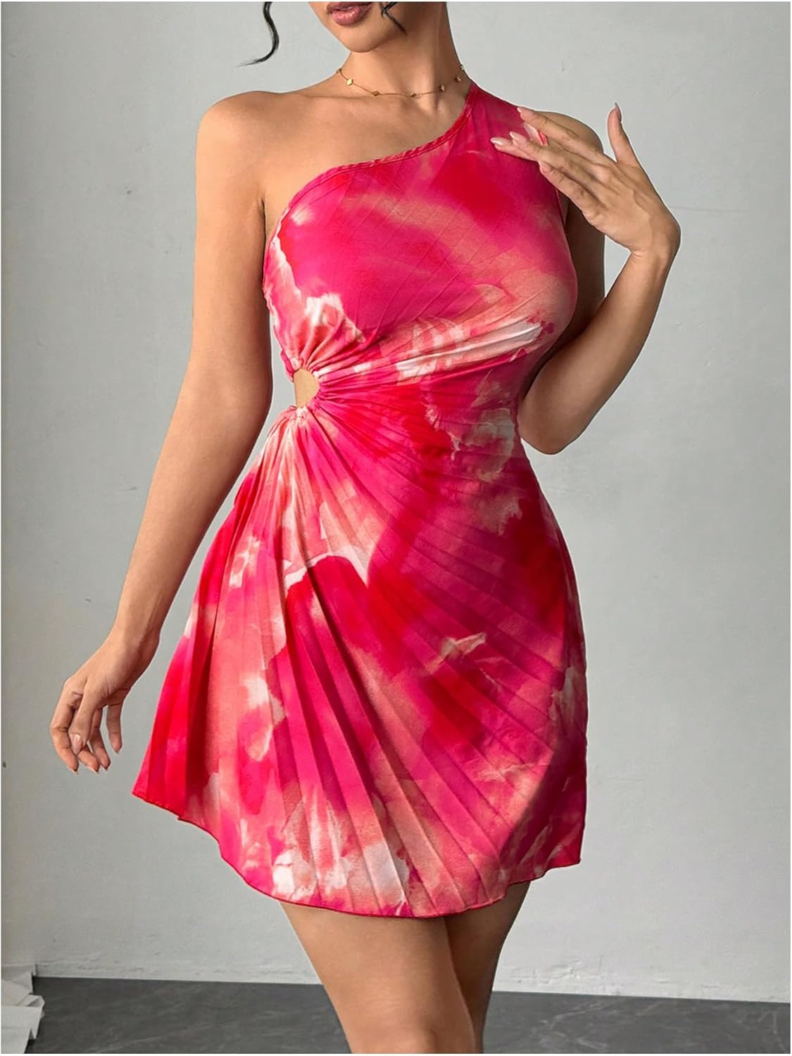 OYOANGLE Women's Tie Dye One Shoulder Mini Dress Pleated Cut Out Summer Short Dresses - Image 4