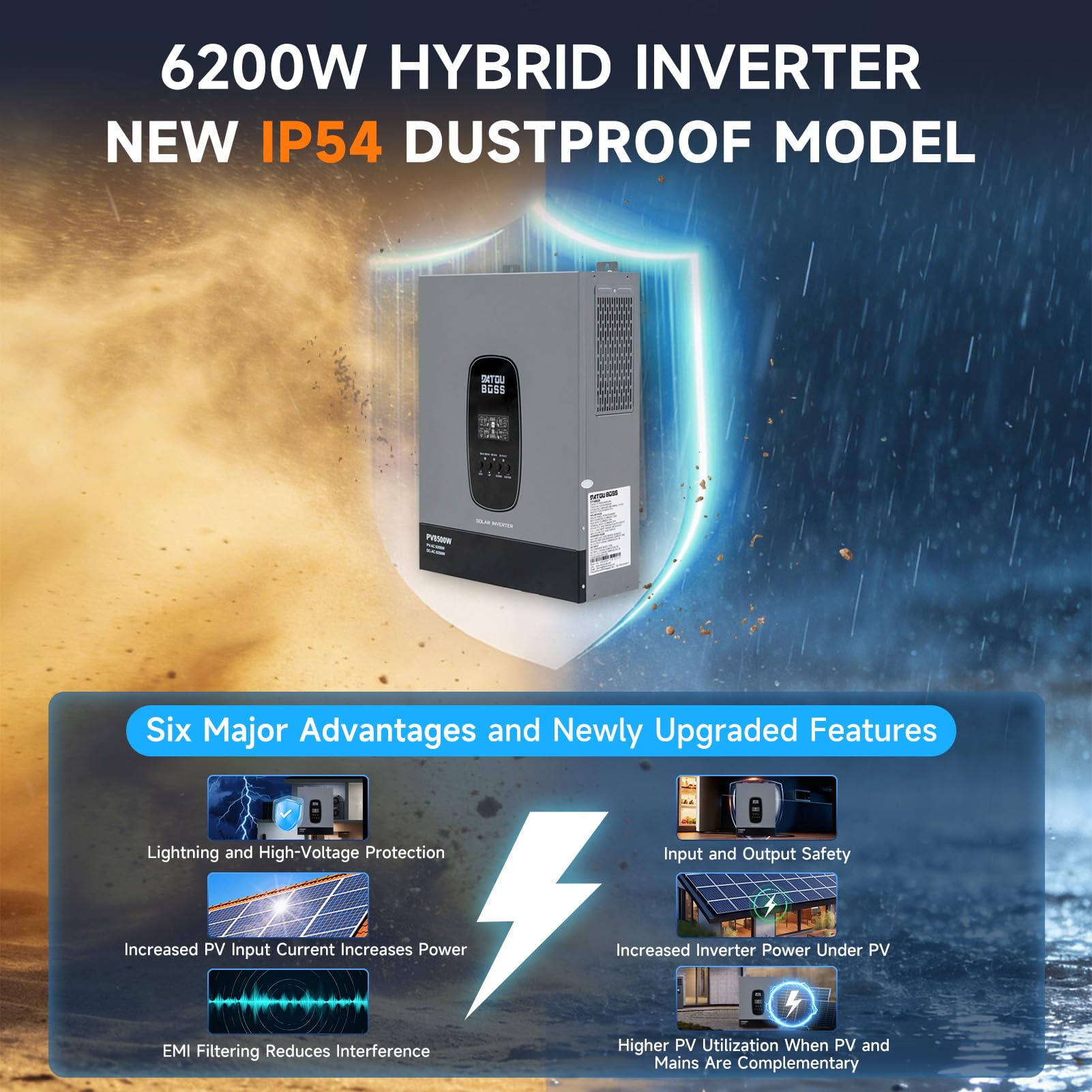 DATOUBOSS Inverter Ibrido Solare 6200W 48V a 230V Onda Sinusoidale Pura, Regolatore MPPT 120A, Compatibile con Batterie al Litio, per Casa, Camper e Impianti Fotovoltaici