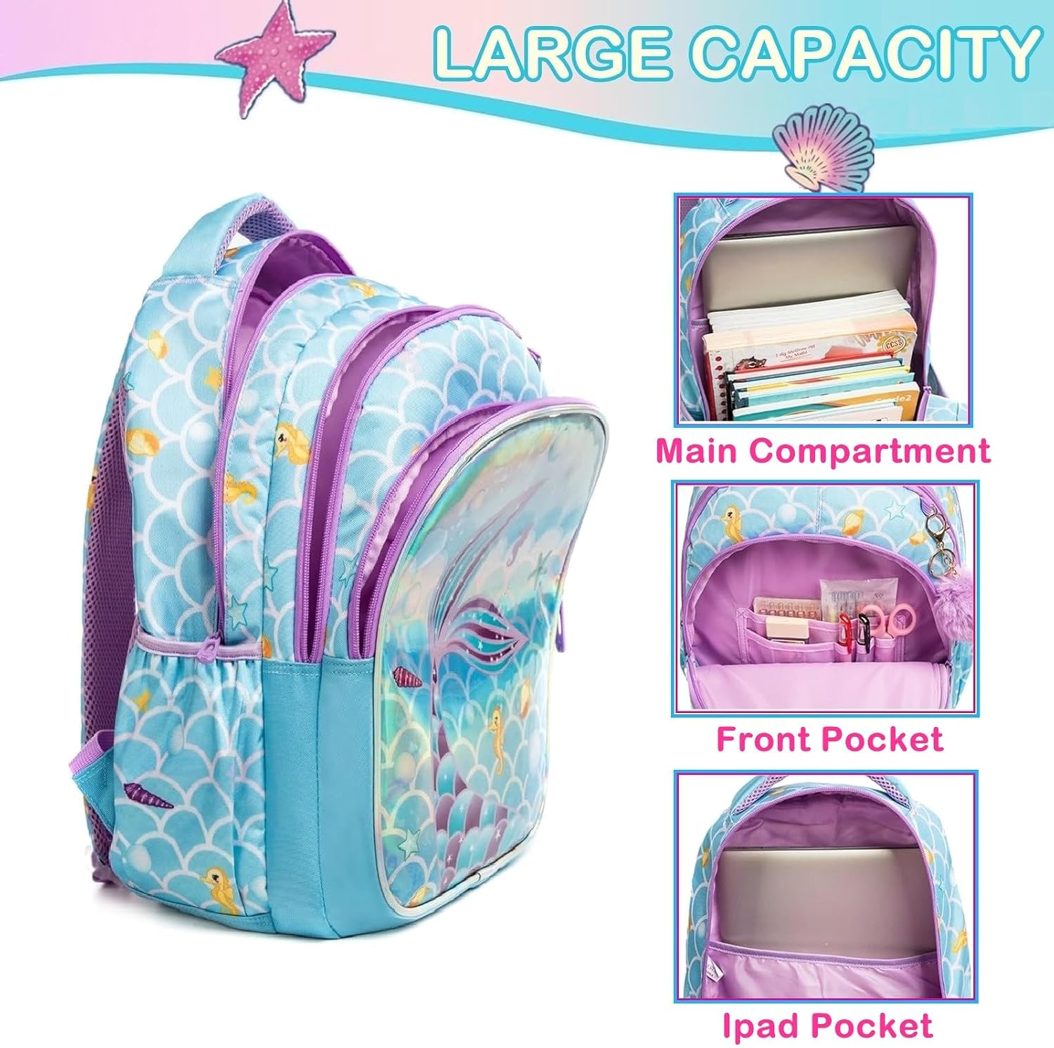 Kids Backpacks for Girls Mermaid School Bag with Lunch Box Lightweight Travel Backpack for Kids 3 in 1 Bookbag Back to School Supplies (12803-3)