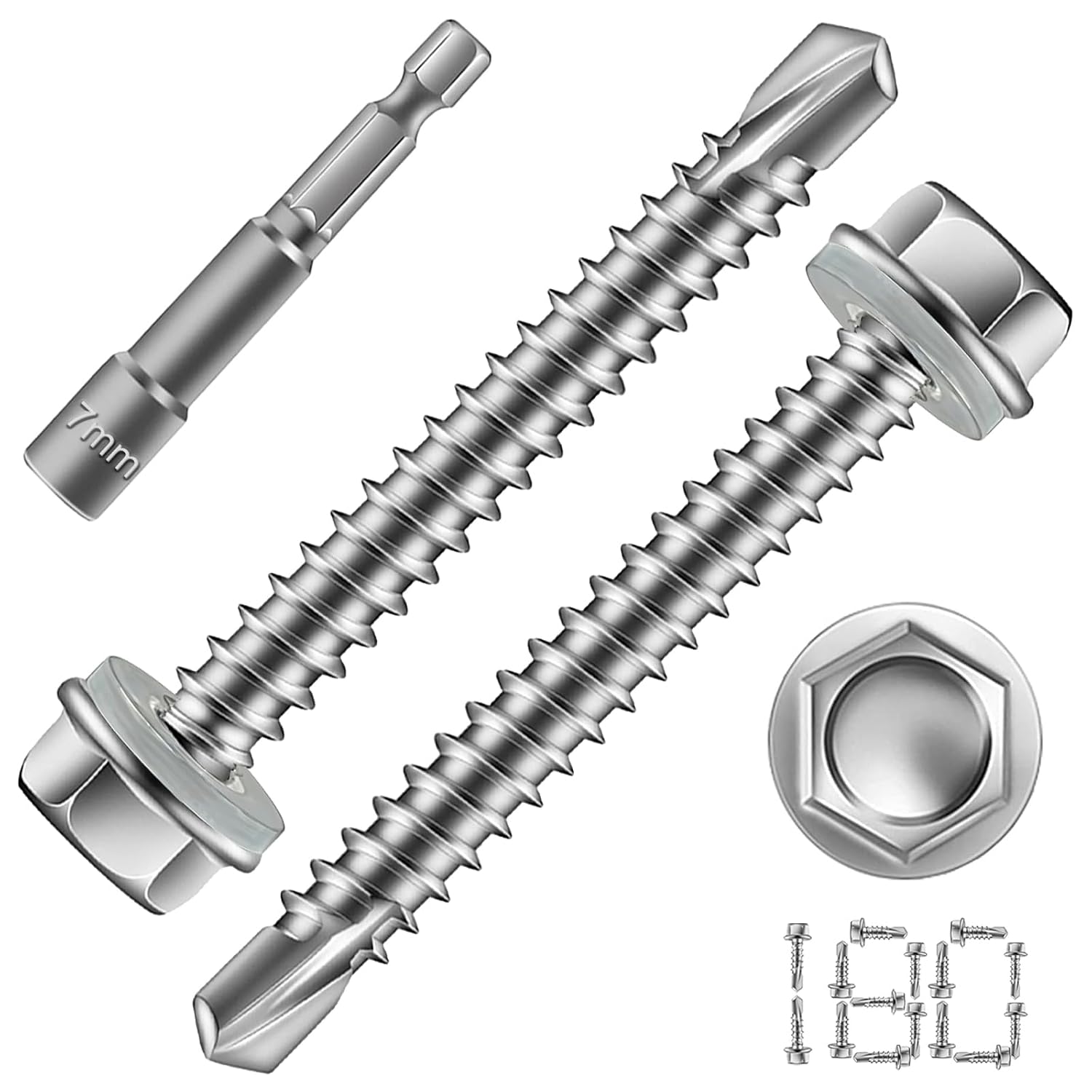 #8 x 1-1/2"Self Tapping Screws,410 Stainless Steel Hex Washer Head (180pcs) | Hex washer head self-drilling screws for metal, wood, and plastic. Rust-resistant, 180ct bulk pack. Bit adapter included
