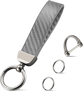 JUSTTOP Leather Keychain, Carbon Fiber Car Key Chain with Anti-Lost D-Ring and 2 Key Ring, keychain wristlet, Car Accessories, Universal Keychain for Men and Women (Grey)