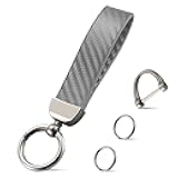 JUSTTOP Leather Keychain, Carbon Fiber Car Key Chain with Anti-Lost D-Ring and 2 Key Ring, Keychain Wristlet, Car Accessories, Universal Keychain for Men and Women (Grey)