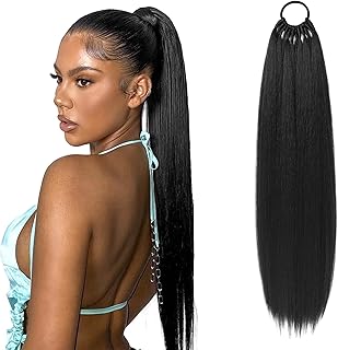 FLUFYMOOZ 28 Inch Ponytail Extension, Versatile Elastic Band Ponytail Extension for Women, Long Straight Synthetic Ponytail Daily Hair Black