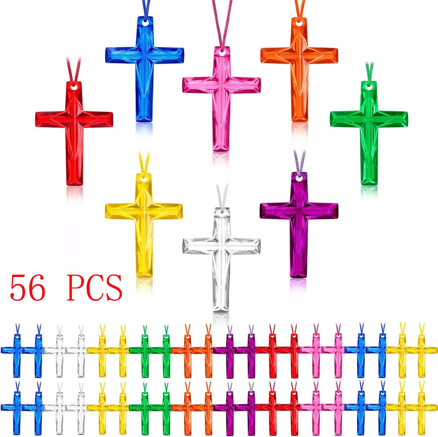 56 Piezas Collares Cruz Cristal,Regalo Cristiano a Granel, Plástico Collares Ideal Como Recuerdo de Fiesta Religiosa, Ideal para la Biblia, Domingo, Iglesia, Pascua, Navidad