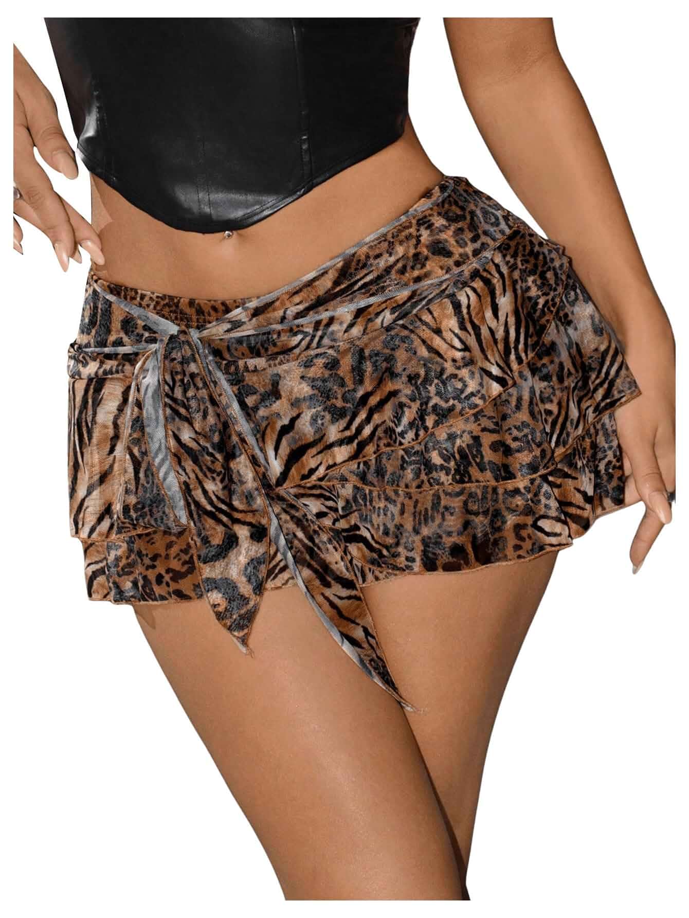 BEAUDRM Women's Y2K Cheetah Skirt Ruffle Leopard Mini Micro Skirt Sexy Mesh Going Out Party Rave Clubwear