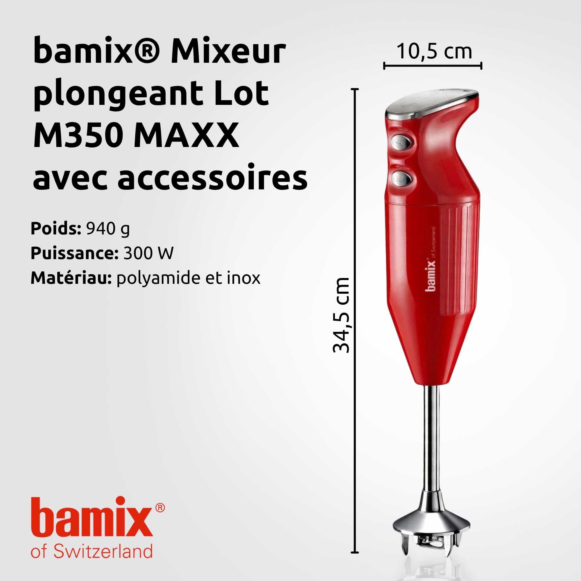 bamix Set mixeur plongeant M350 MAXX avec couteau multifonction, viande et légumes, fouet, batteur en inox, 300 W, 2 vitesses, Fabriqué en Suisse, Rouge/chrome