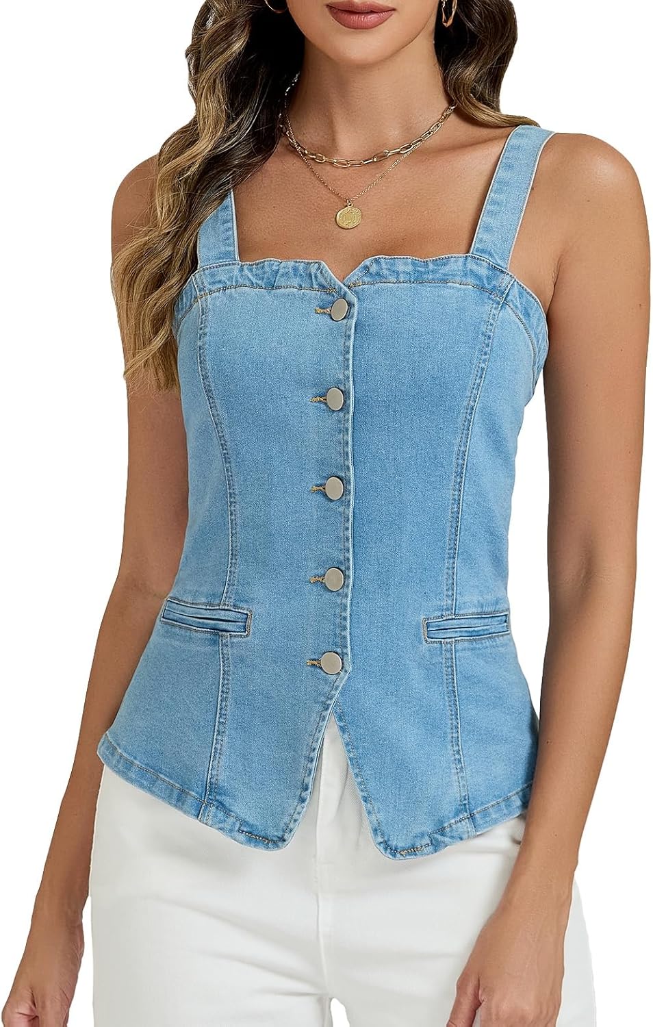 Ladyful Denim Vest Tops for Women Stretchy Denim Corset Tube Tank Top Adjustable Straps Y2K Jean Vest Suit Waistcoat
