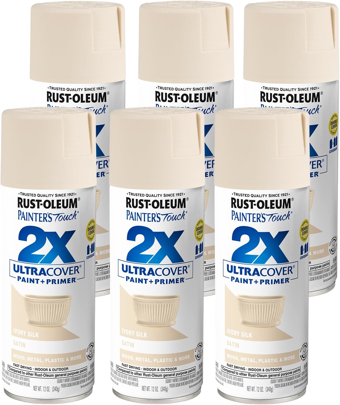 Rust-Oleum 249073-6PK Painter's Touch 2X Ultra Cover Spray Paint, 12 oz, Satin Ivory Silk, 6 Pack