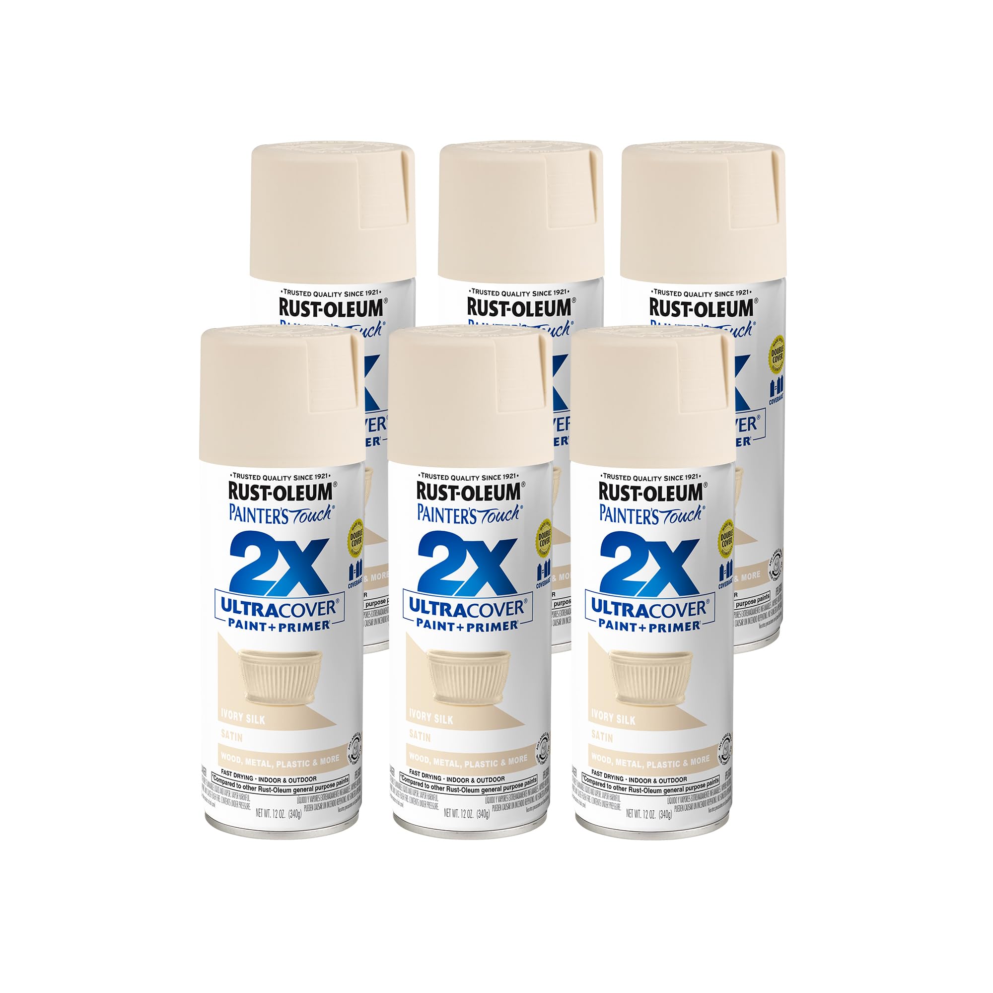Rust-Oleum 334073-6PK Painter's Touch 2X Ultra Cover Spray Paint, 12 oz, Satin Ivory Silk, 6 Pack
