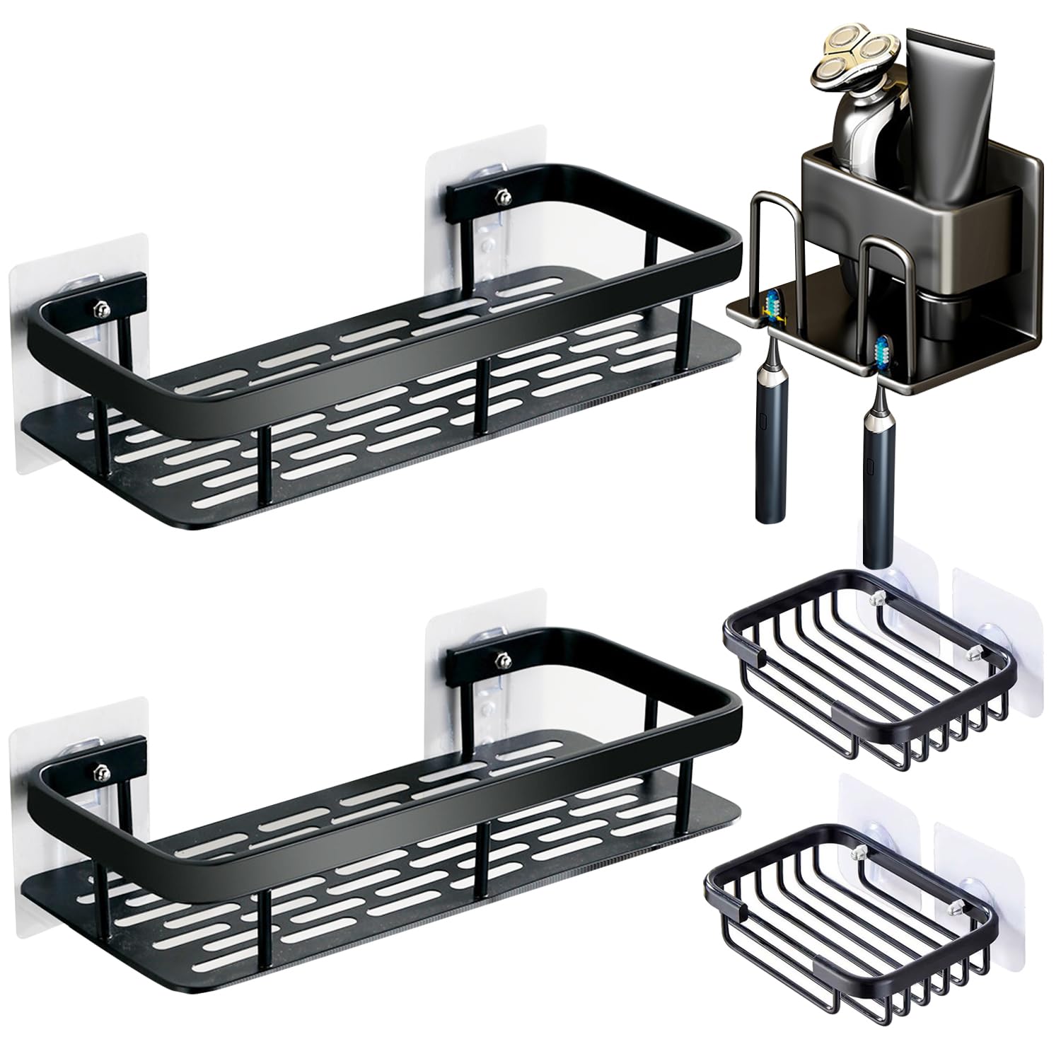 Bathroom Organizer 5-Piece Set - 2xShower Shelves + Soap Dish + Toothbrush Holder, Rustproof Stainless Steel Wall Mounted, No Drill Bath Storage for Shampoo (Adhesive & Hardware Kit Included)