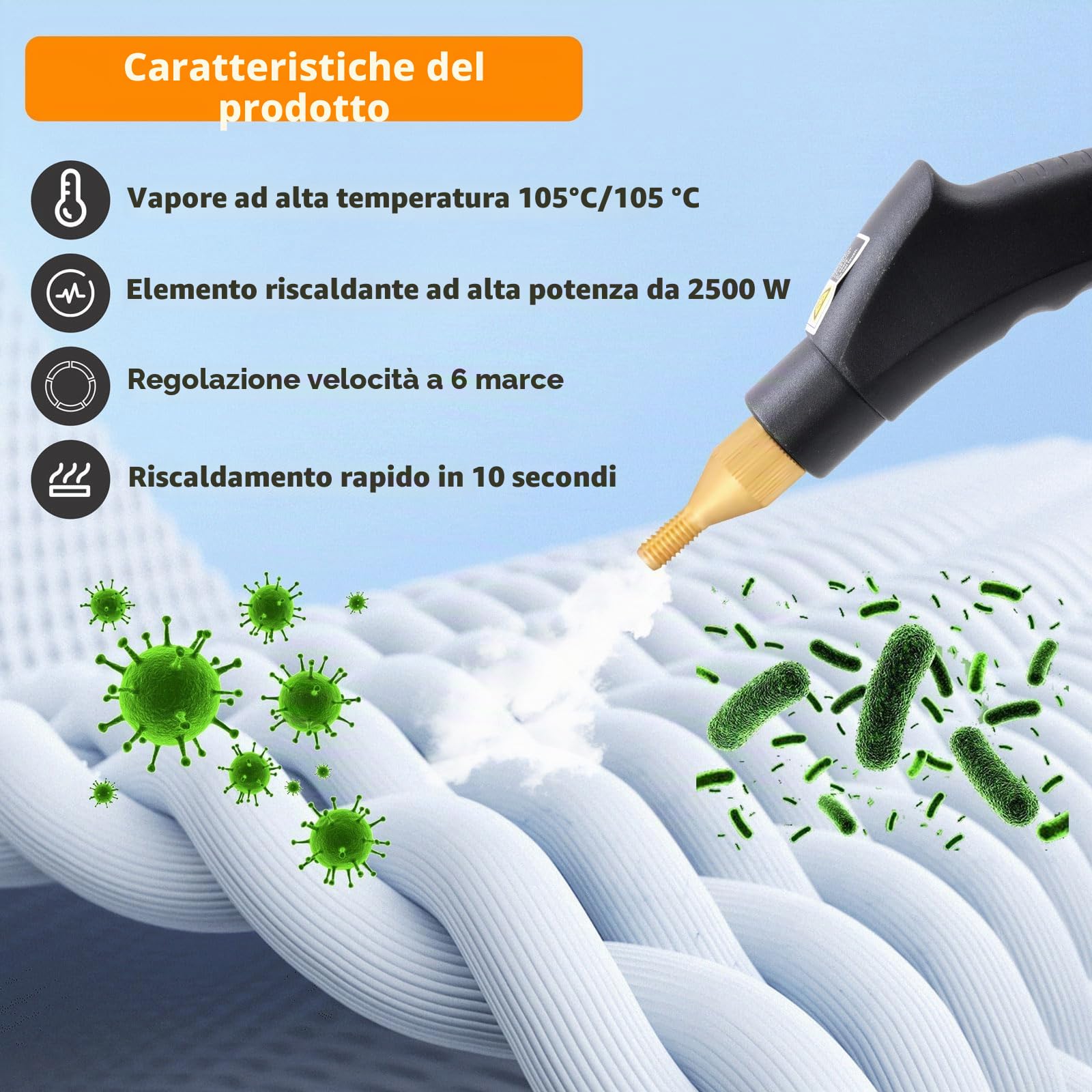 Pulitore a vapore portatile, pulitore a vapore elettrico ad alta pressione da 2500 W con 6 velocità regolabili e 3 tipi di testine, serbatoio dell'acqua grande da 1200 ml per cucina, finestre
