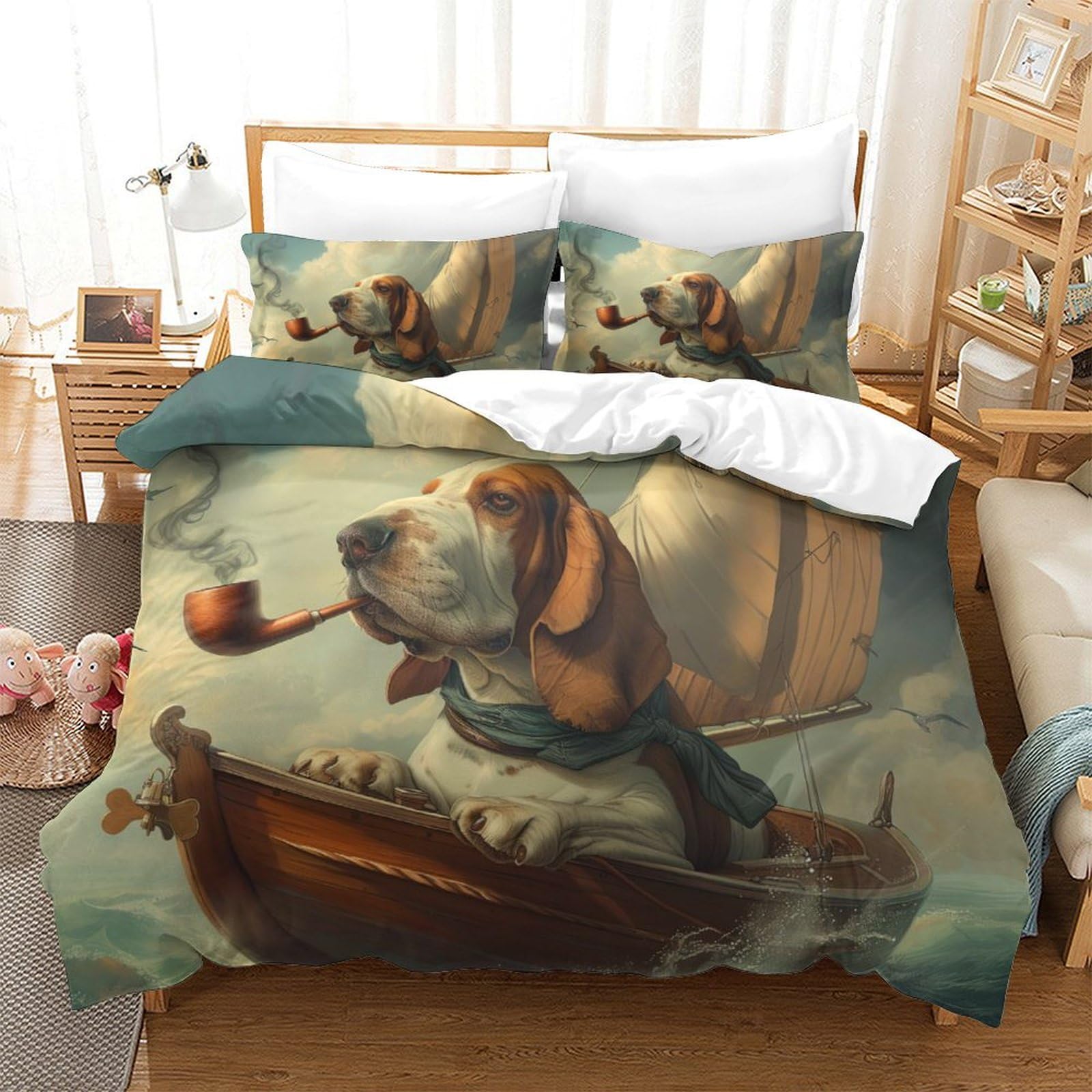 Housse de couette Basset Hound avec fermeture éclair anti-glisse pour lit ado Super King 3Pcs