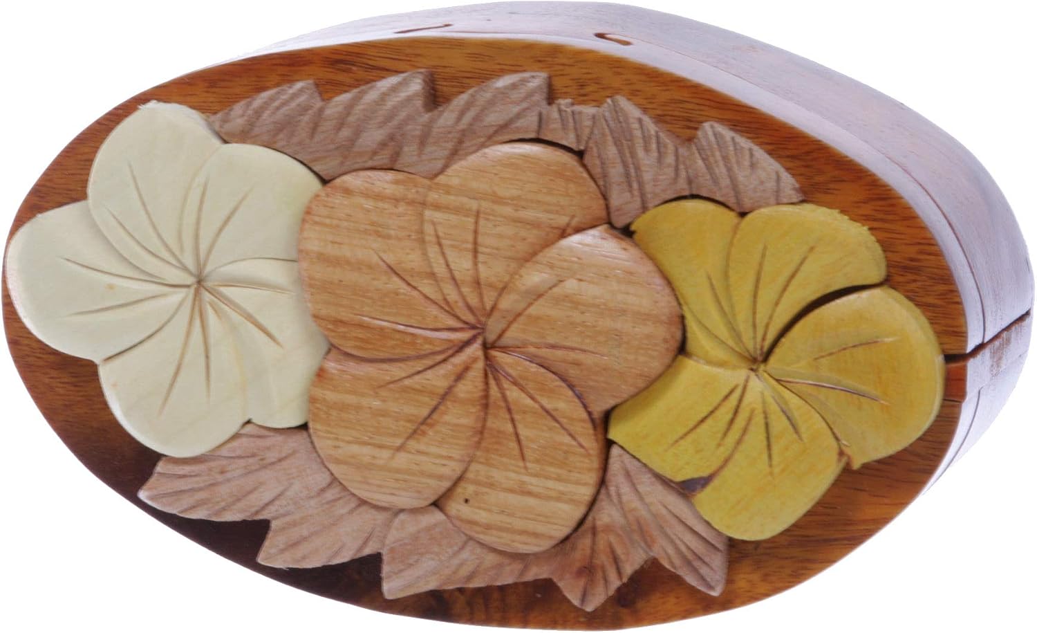 Handcrafted Wooden Flowers Shape Oval Secret Jewelry Puzzle Box - Flowers
