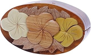 Handcrafted Wooden Flowers Shape Oval Secret Jewelry Puzzle Box - Flowers