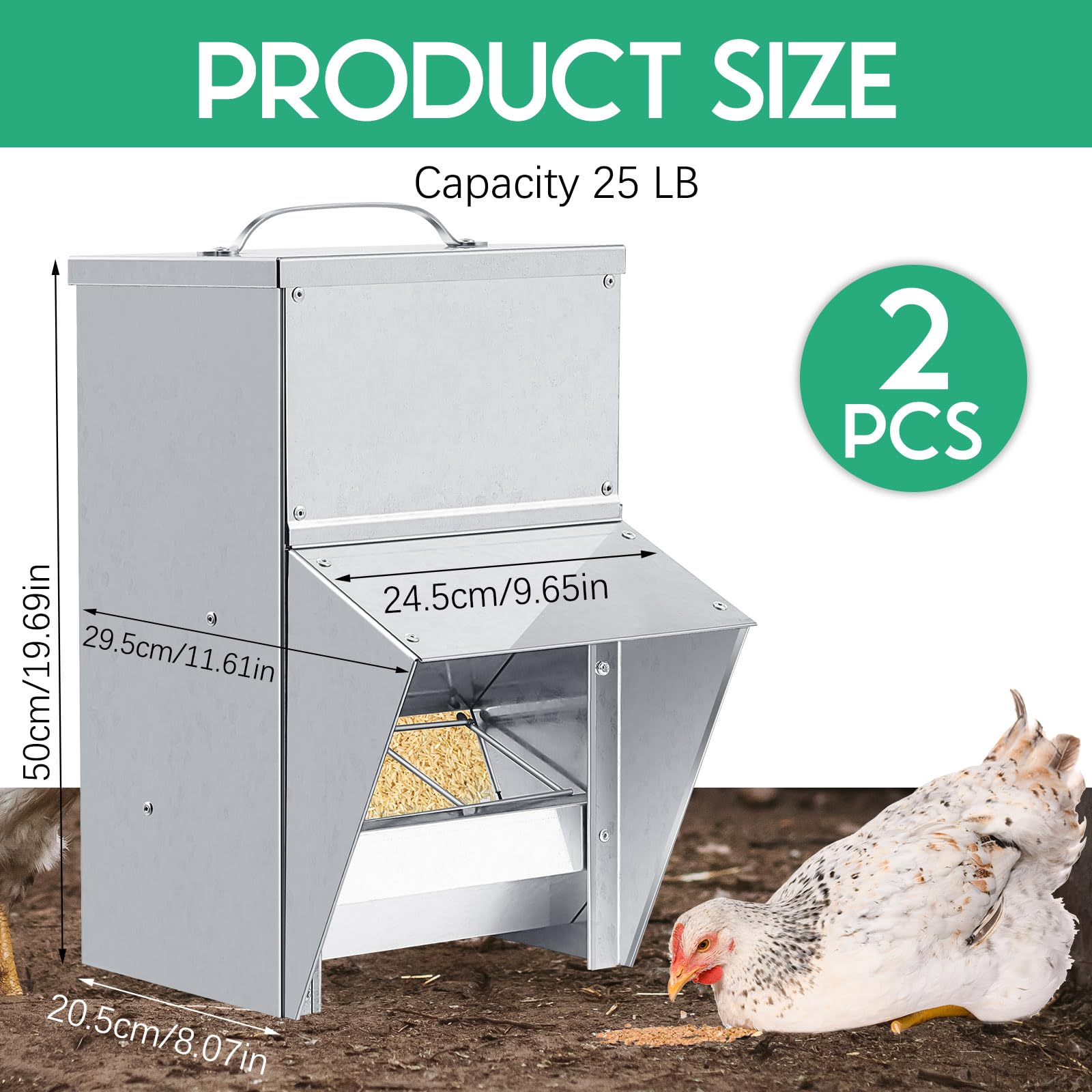 Uiifan 2 comederos galvanizados para pollos resistentes a la intemperie, dispensador de alimentos para aves de corral con tapa, dispensador de alimentos para pollo, alimentador de patos, comedero de