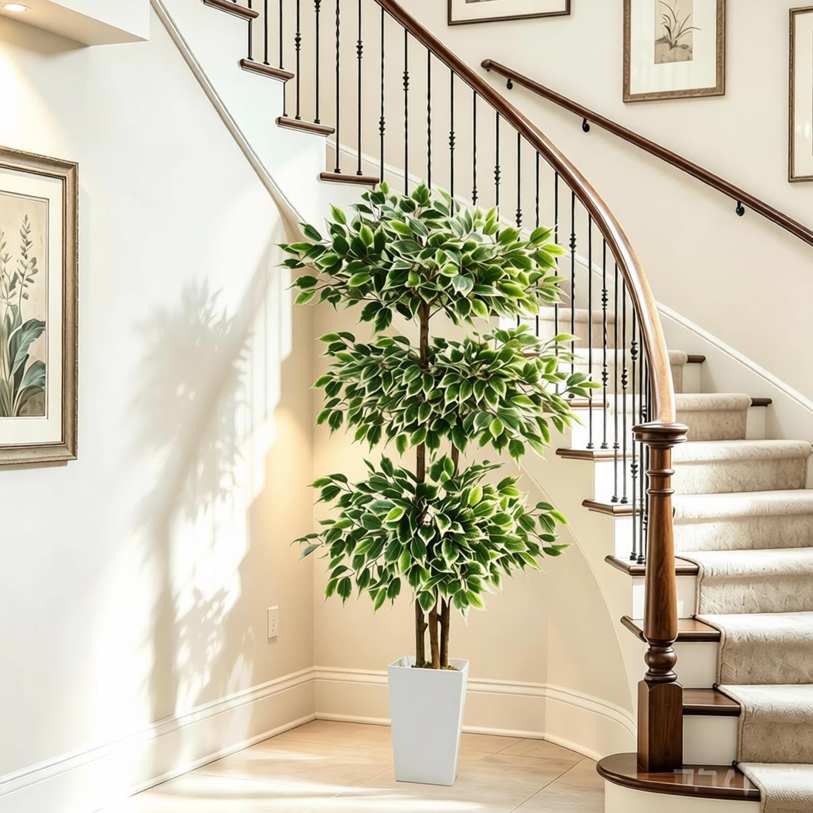 Ficus Artificiel 180 cm Arbre Artificiel avec Grand Pot Blanc | plante artificielle grande 3 couches de feuilles en soie 3 troncs épais fausse plante décorer maison salon bureau intérieure