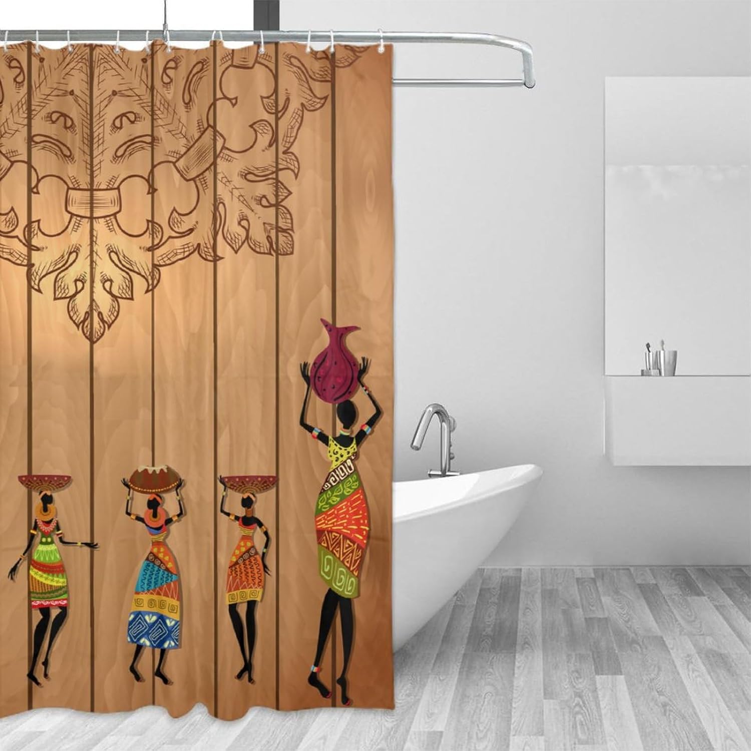 Africa Tribal Shower Curtain Wood Texture African Woman Ethnic Style Shower Curtain for Bathroom Decor Fabric Waterproof Upholstery Hook 66x72 Inches