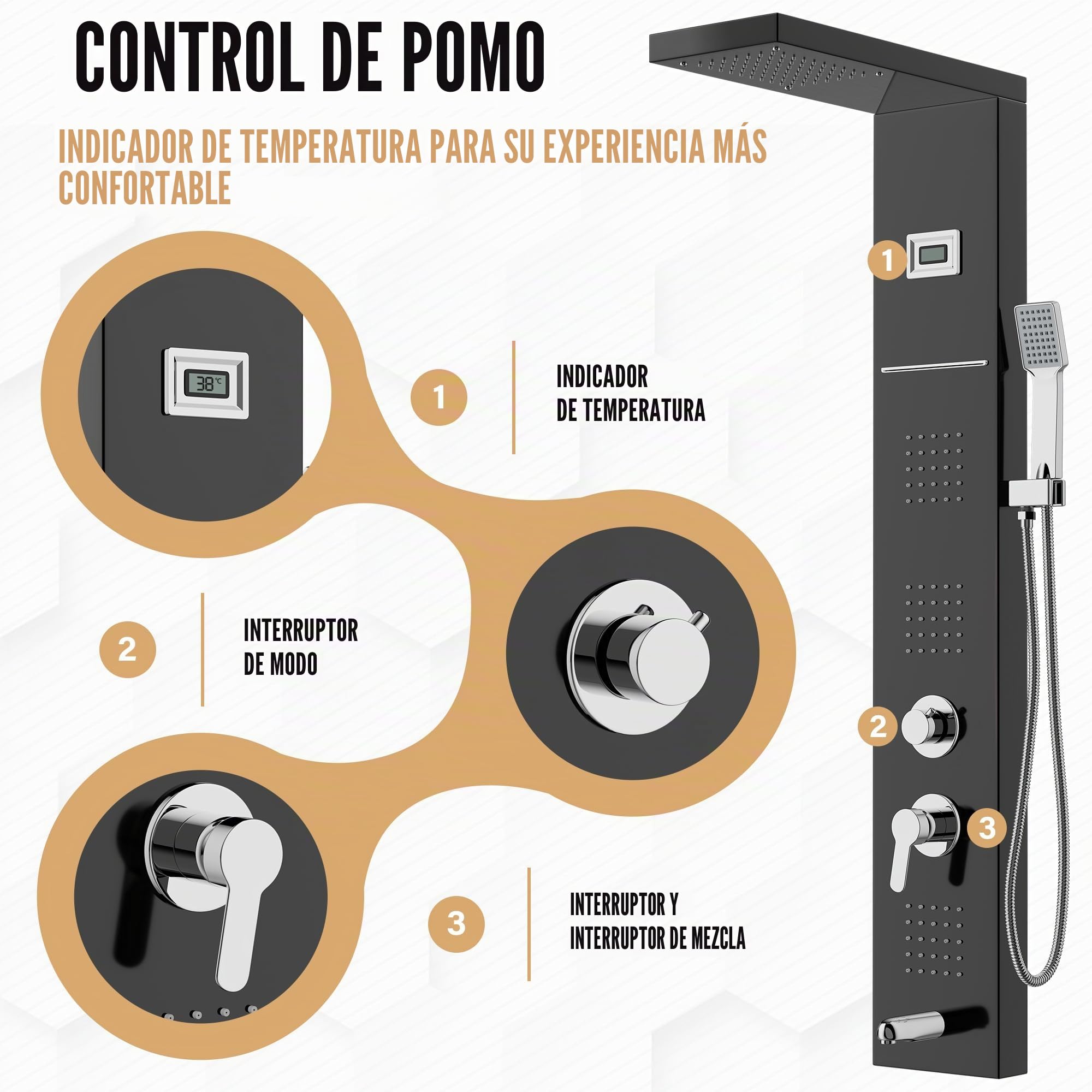 Columna de Ducha Hidromasaje STANEW,Pantalla LED Temperatura, Grifo de 5 Funciones, lluvia, Cascada, Masaje, Boquilla de Bañera y Cabezal de Ducha con Manguera, Acero Inoxidable Cepillado (Negro)