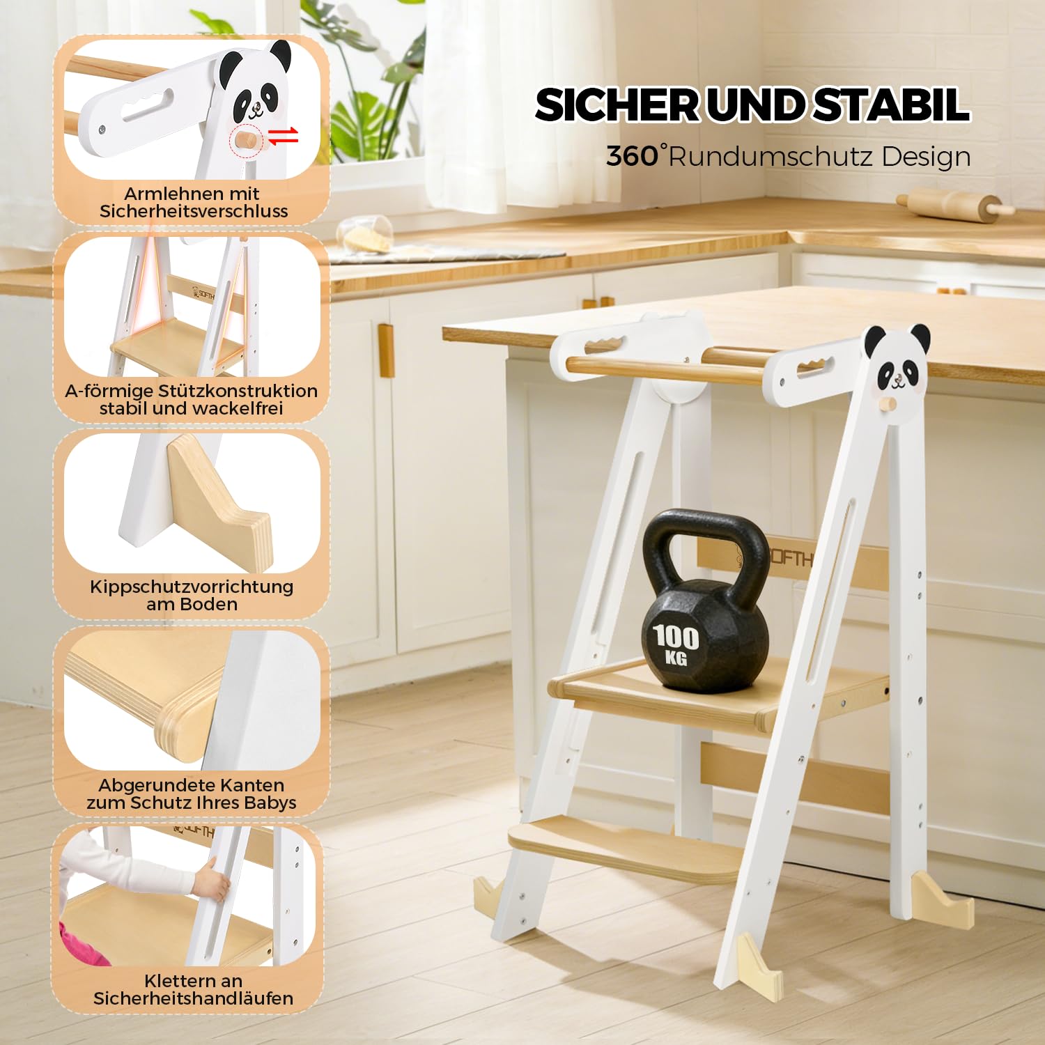 Lernturm Montessori Platzsparend und Höhenverstellbar Klappbar Lernstuhl für Kinder mit Kippschutz & Anti-Rutsch-Trittfläche für Kinder ab 1 Jahr Learning Tower, Tritthocker, Schemel