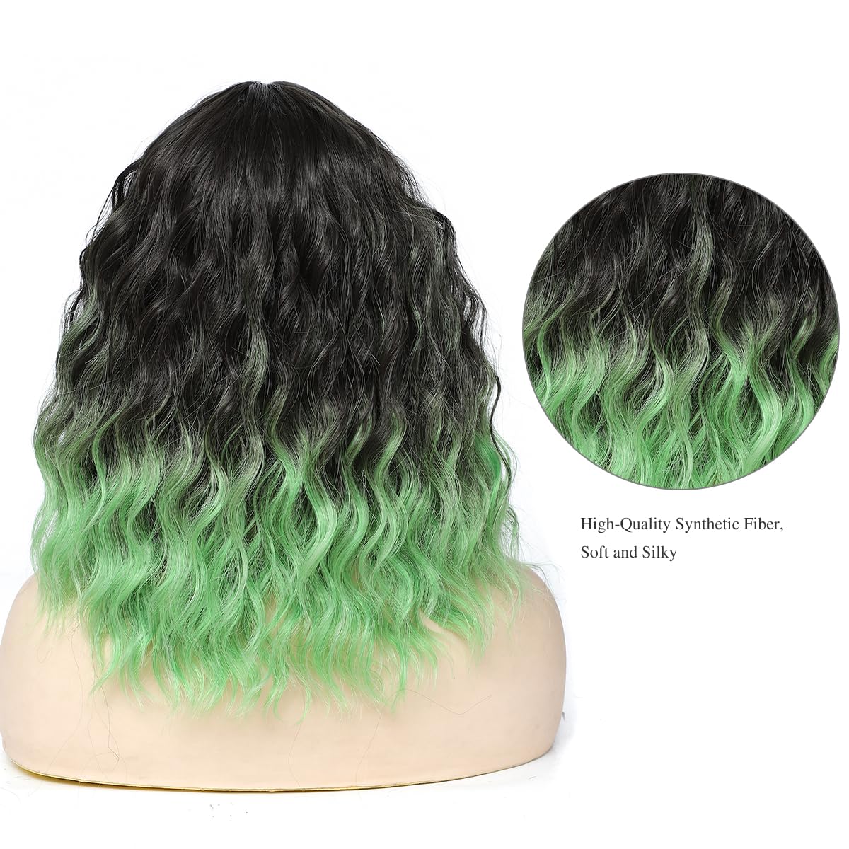 BUYOGET Medium Short Wig Wavy Bob Wig Realistic Natural Lace Front Scalp Adjustable Synthetic Shoulder Length Curly Wigs for Women Ombre Green - Image 3