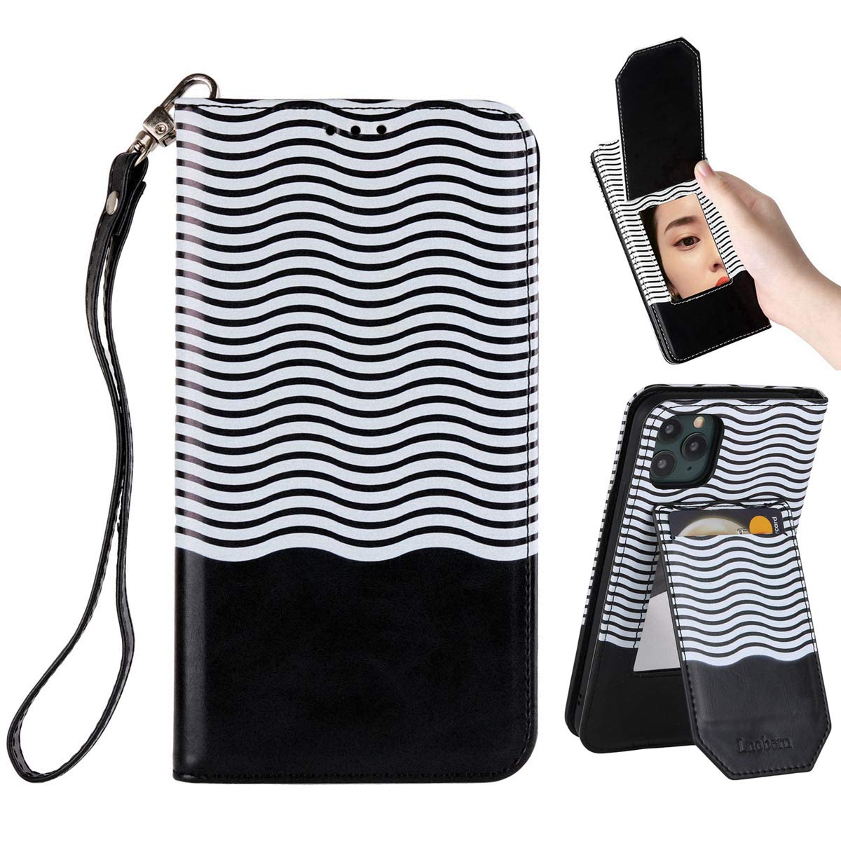 Lnobern Case for iPhone 11 Pro,Mirror Kickstand Leather Purse Bag for iPhone 11 Pro Wallet Case Flip Magnet (For iPhone 11 Pro (5.8 inch), Black)
