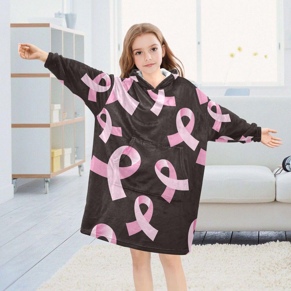 Różowa kokarda dziecięcy koc do noszenia bluza z kapturem oversize bluza koc sweter dla chłopców i dziewcząt w wieku 3-14 lat