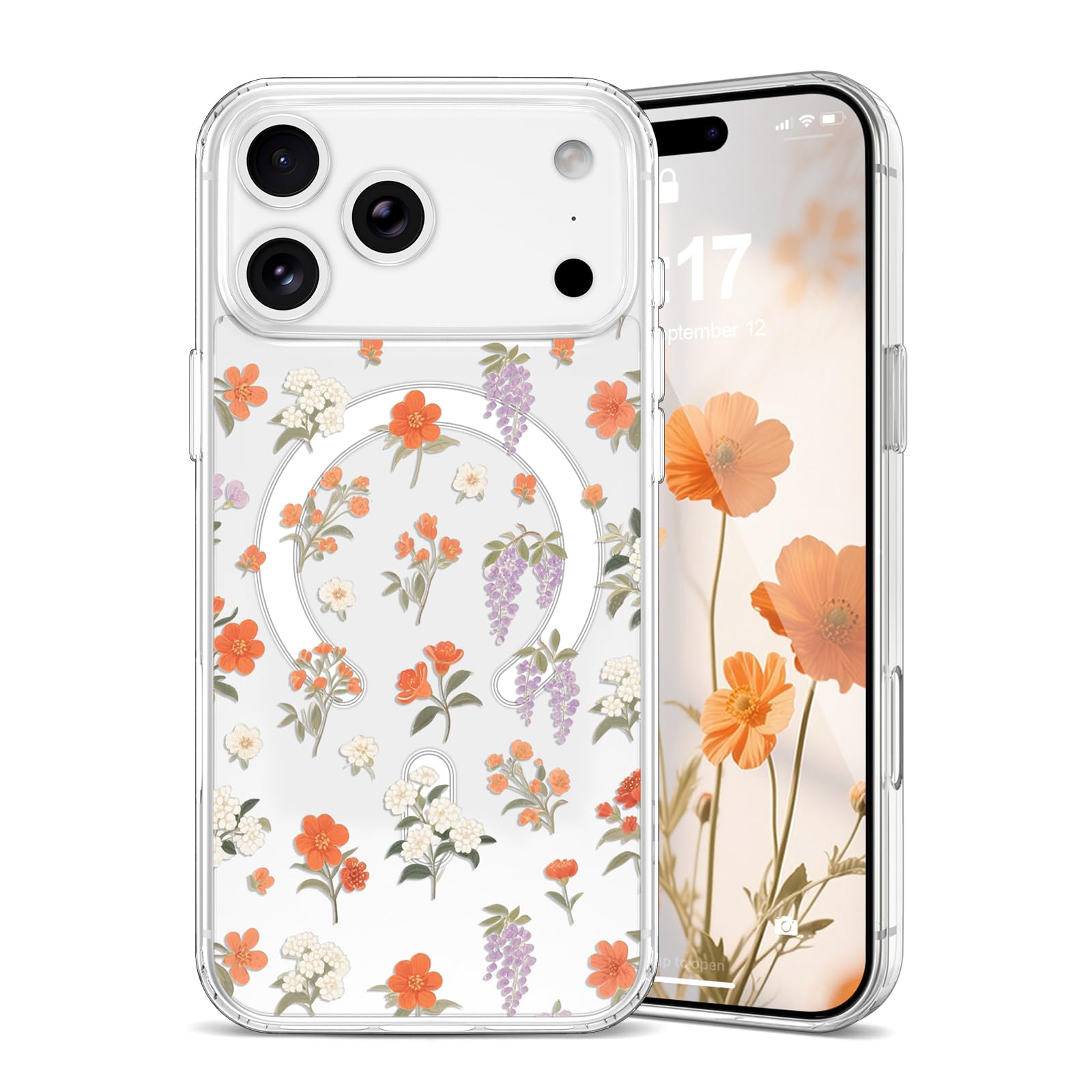 Coque iPhone 14 Pro Max compatible Magsafe transparente motif fleurs orange