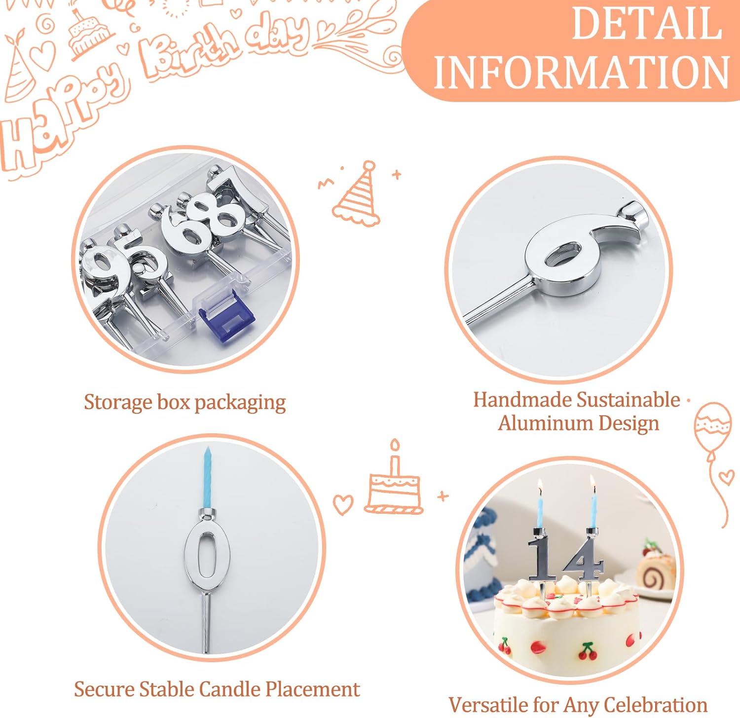 1 Set Number Candle Holder Set Silver Candle Holder Gifts Handmade Recycled Aluminum Toppers for Birthdays Cakes Anniversaries Celebrations