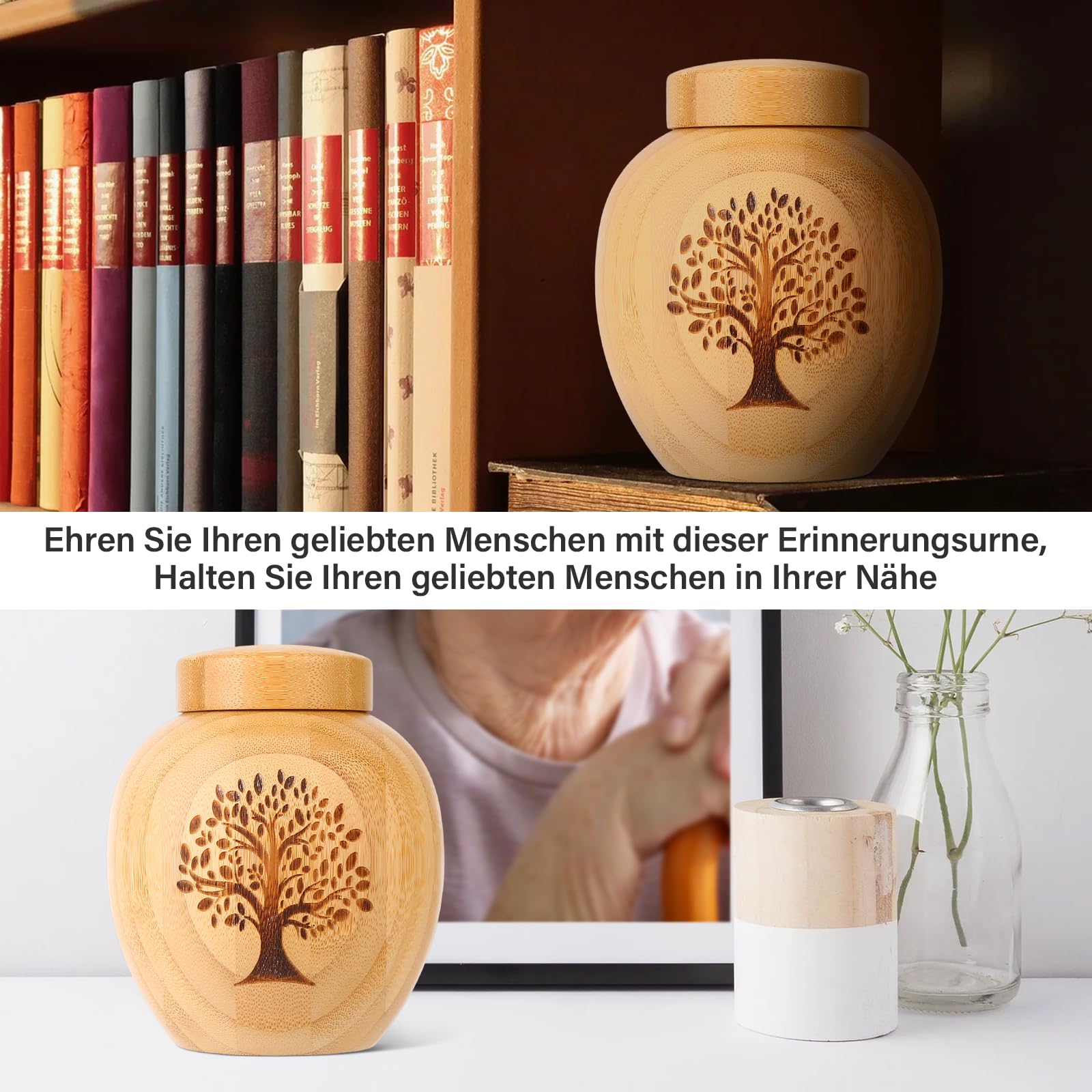 Piccole urne per cenere umana o animale domestico, in bambù, piccole urne souvenir con albero della vita, incise, piccole urne per cani e gatti