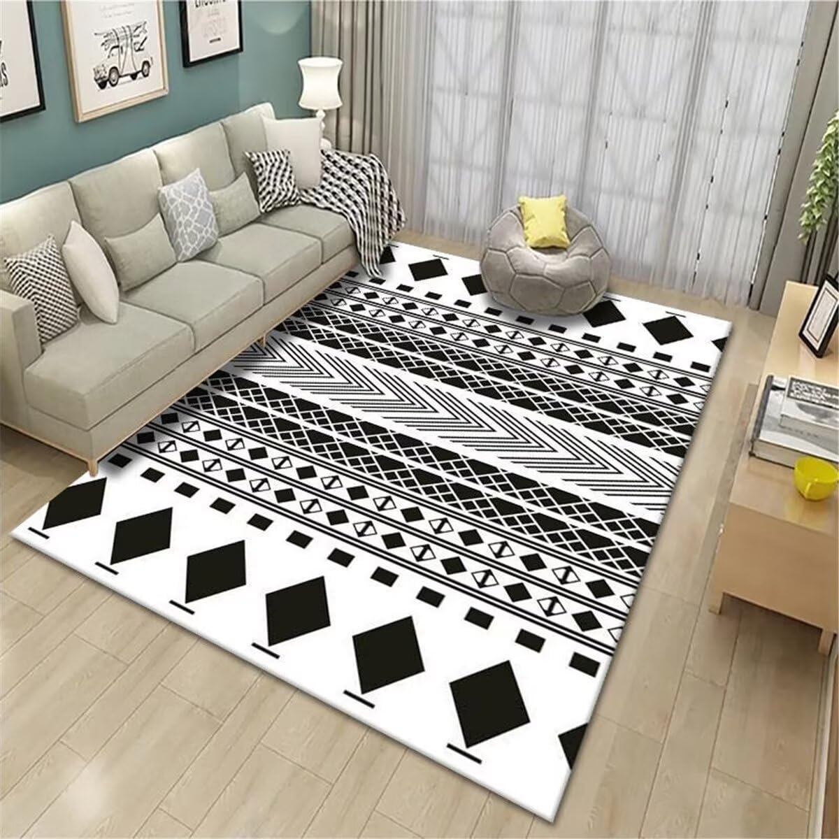 Tapis de chambre enfant noir et blanc géométrique 80x150cm