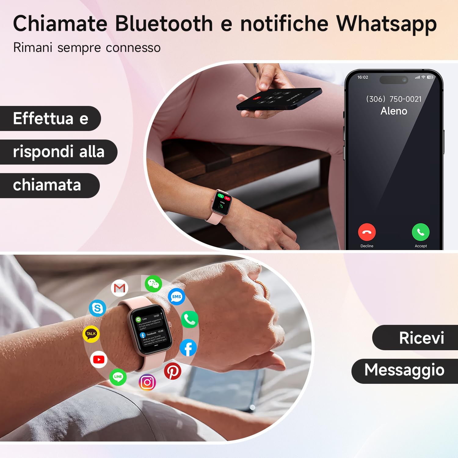 WMK Smartwatch Donna Orologio Fitness con Rispondere effettuare Chiamate Cardiofrequenzimetro Sonno Alexa AI SpO2 Contapassi-IP68 Smart watch donna con 110+ Sportive Giochi per iOS Android(Rosa)