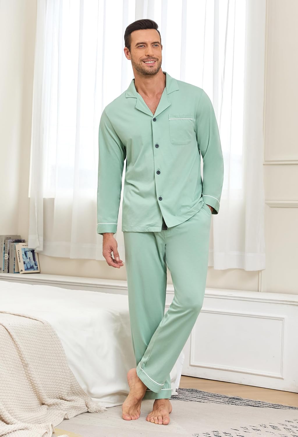 COLORFULLEAF 100% Cotton Men's Pajama Set Long Sleeve Button Down Top & Pants Soft Breathable Loungewear with Pockets