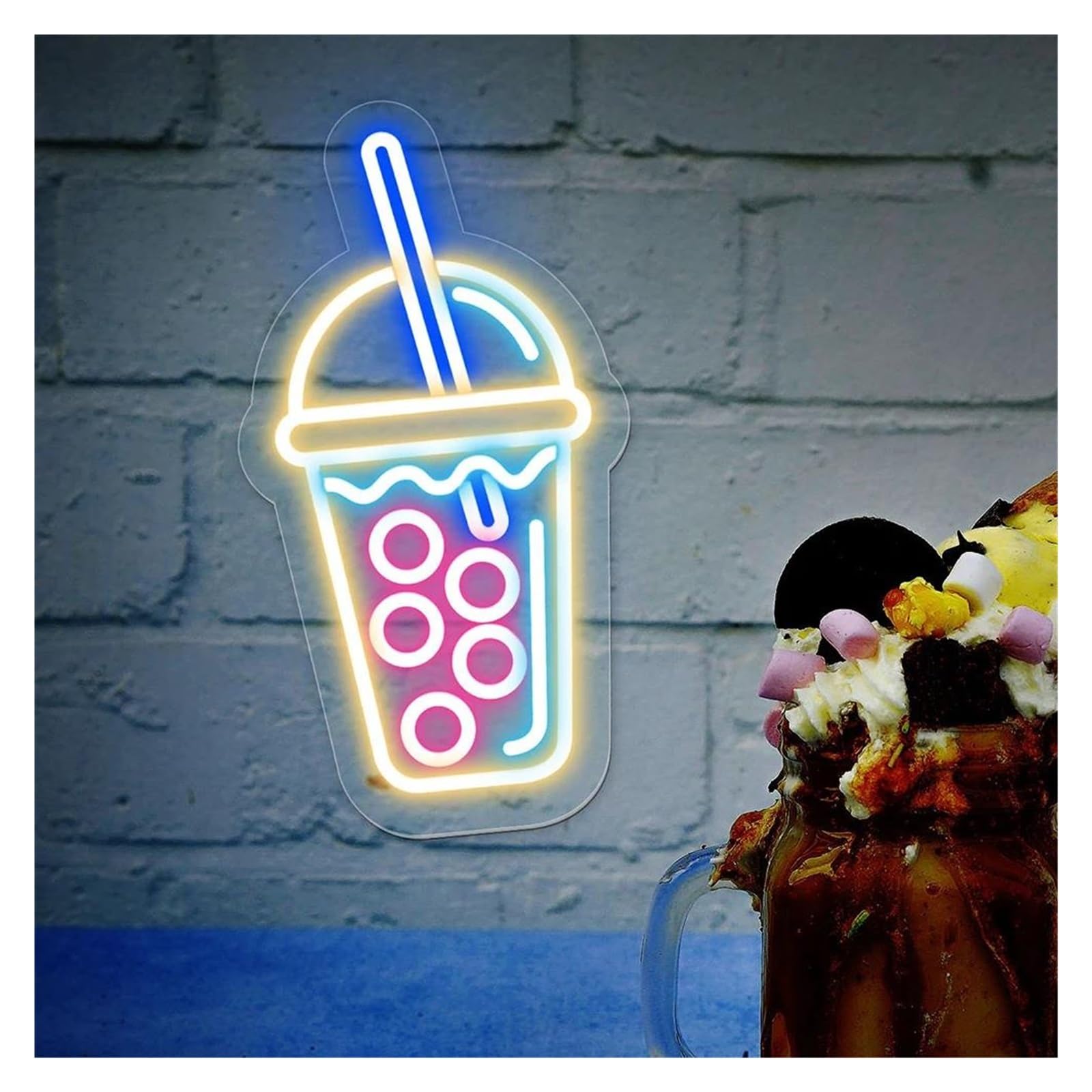 SHOUXI Sign Lamp Milk Tea Cup Neon Sign for Room Decor Mall Store Neon Hang Wall Decoration 45cm(E)