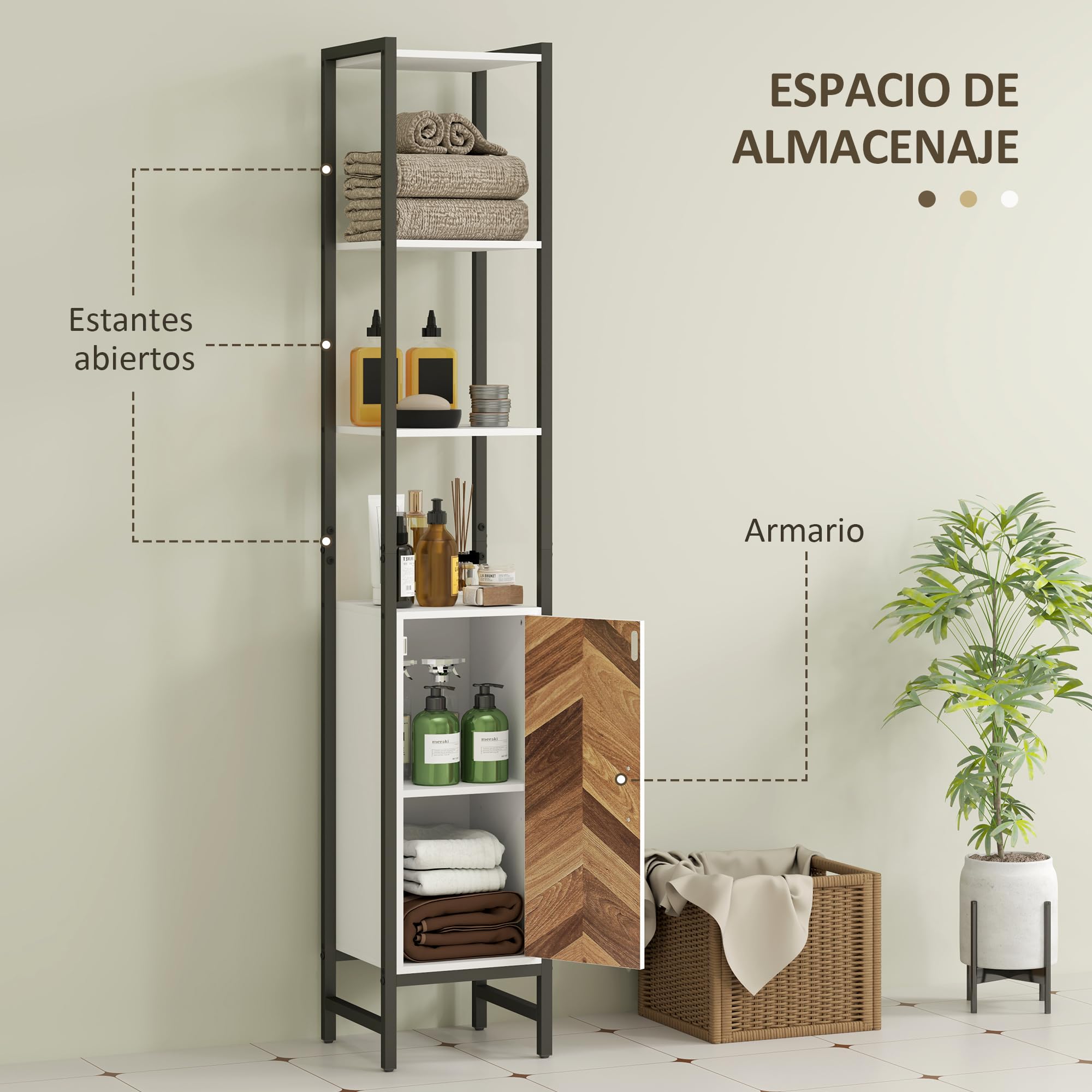 HOMCOM Armario Alto de Baño Columna Almacenaje 30x30x170 cm Blanco/Nogal | 3 Estantes Abiertos, 1 Puerta, Estante Ajustable, Mueble Auxiliar de Baño, Sistema Anti-vuelco