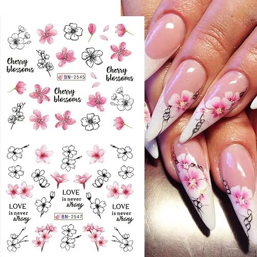 Miniatura 4 de KTAABTR 12 hojas de calcomanías de arte de uñas, calcomanías de transferencia de agua, diseño de flores de cerezo de primavera, calcomanías de uñas