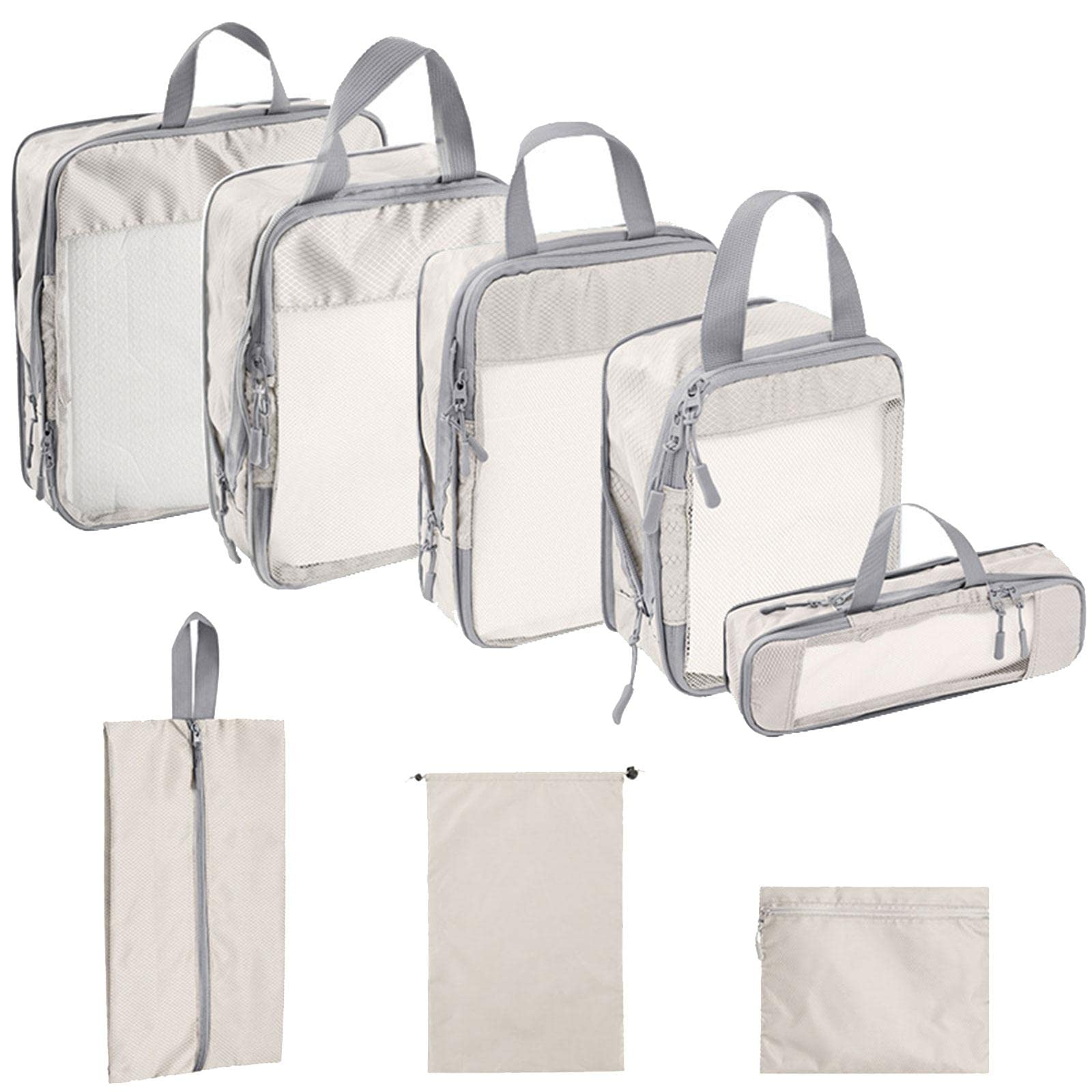 8 Tragbare Packwürfel Aus Polyester, Gepäckbeutel Aus Netzgewebe, Reisegepäck Organizer, Wäschebeutel für Geschäftsreisen, Outdoor Camping, Beige