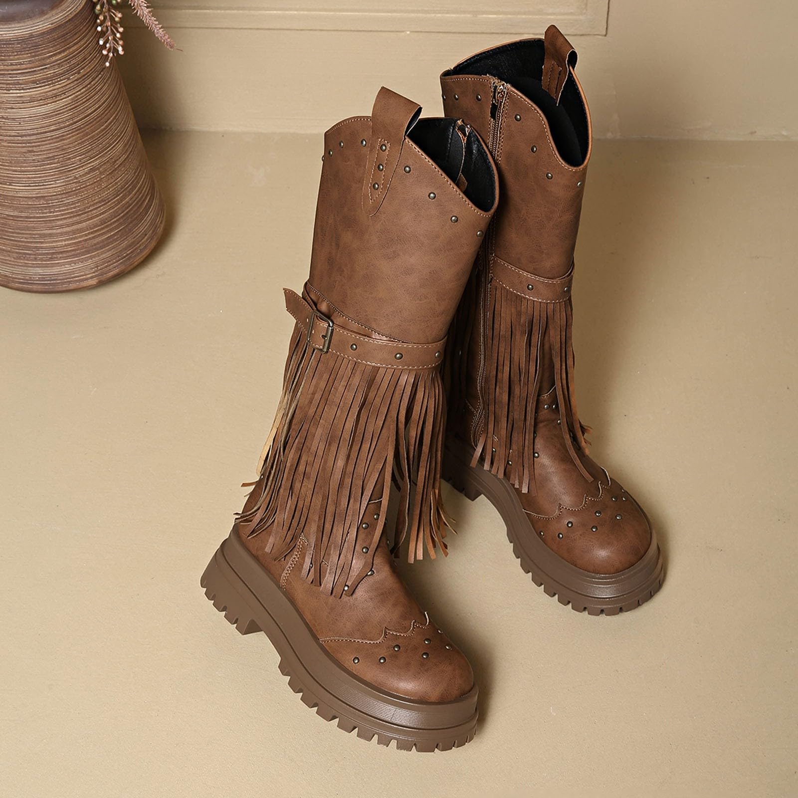 Botas de Invierno Mujer Botas Altas hasta la Rodilla de Moda con Detalle Flecos y Suela Plataforma, cómodas otoño e Invierno con Cremallera Lateral.