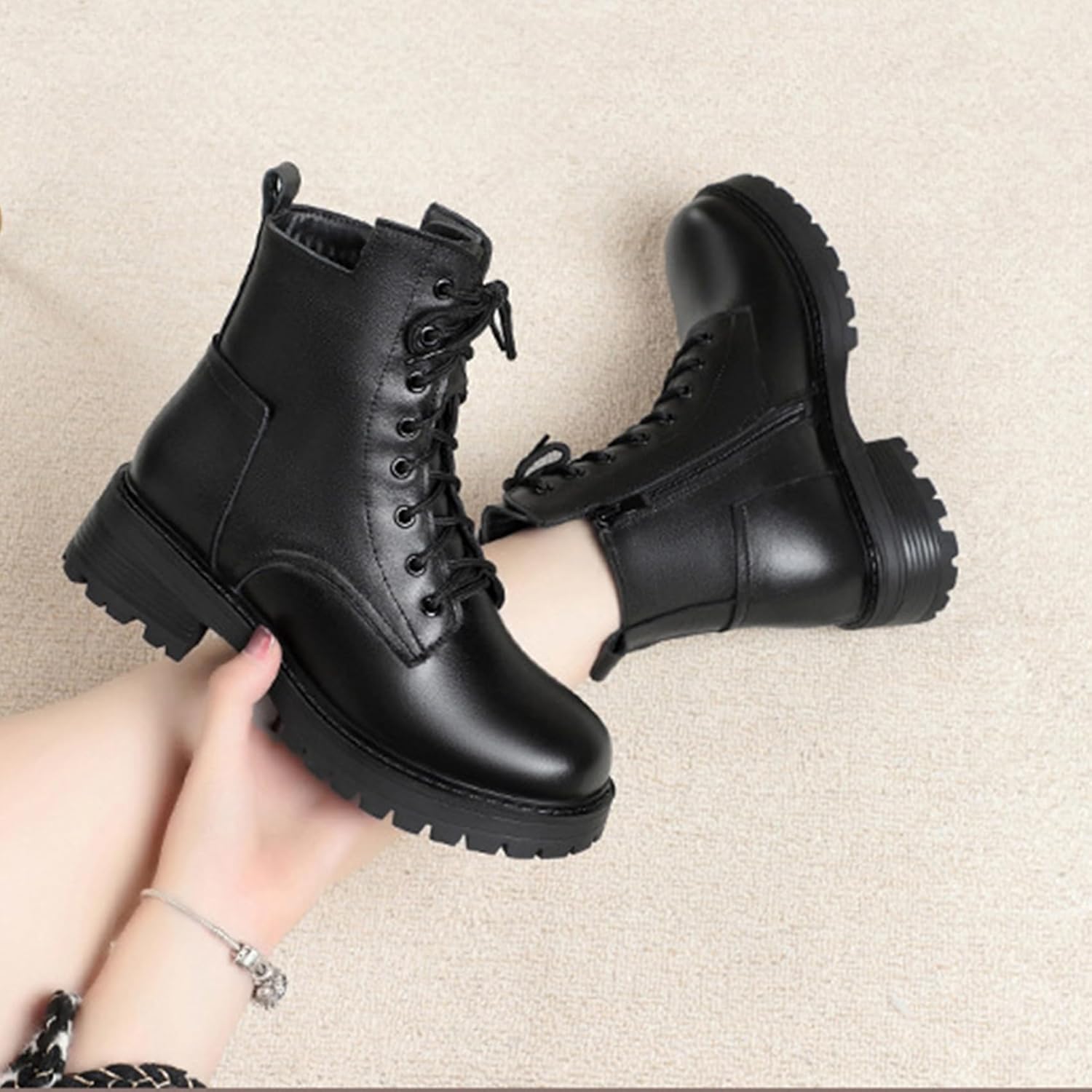 Women's Winter Platform Boots - Fur Lined Combat & Riding Booties with Chunky Heel, Leather Lace-Up & Side Zip for Warmth & Traction,Black,9