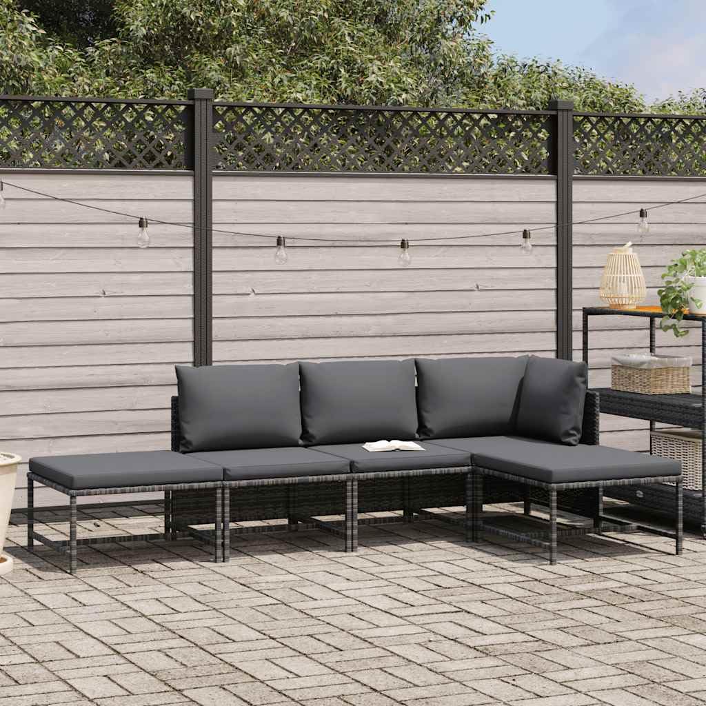 vidaXL Gartenmöbel 5-TLG. mit Auflagen Mittelsofa Ecksofa Fußhocker Sofa Lounge Gartenset Gartensofa Garten Garnitur Sitzgruppe Grau Poly Rattan