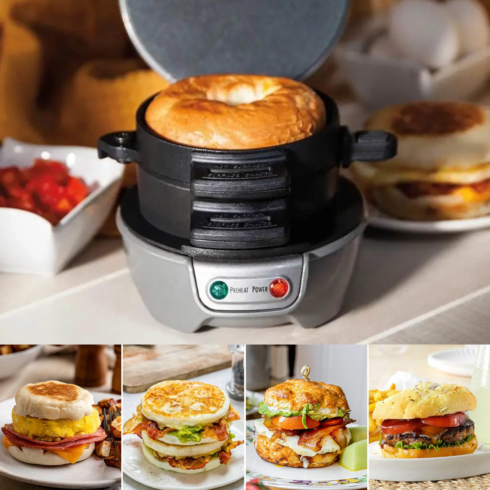 Sandwich - Tostapane per hamburger maker, efficienti piastre riscaldanti antiaderenti, lavabili in lavastoviglie, 600 W, per pane, per colazione, casa, cucina, pancake, colore: grigio argento