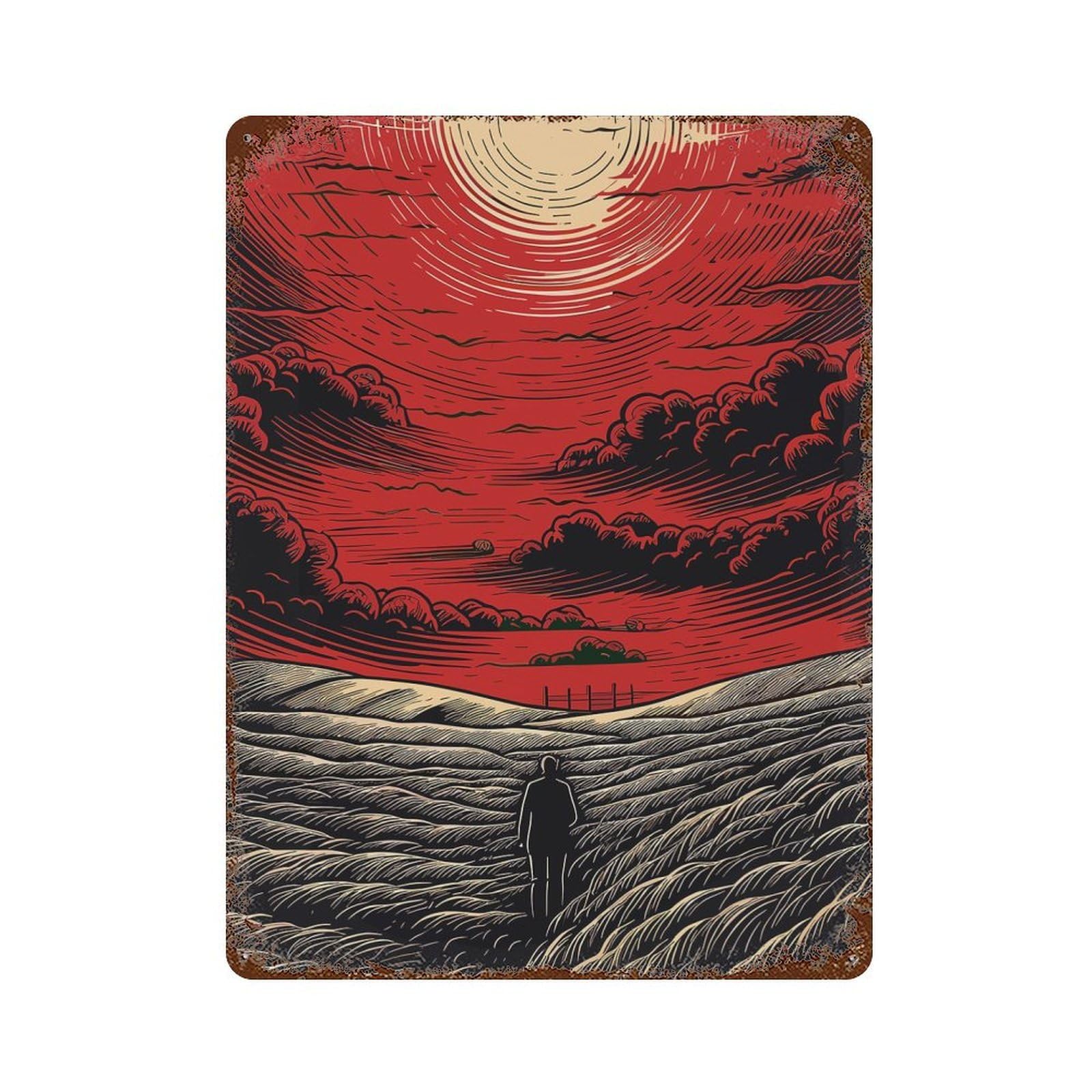 Retro Metal Sign with Red Sky, Lonely Figure, Field Design 15.7"x11.8", for Shed, Workshop And Garage Wall Decor, Industrial Home Decor