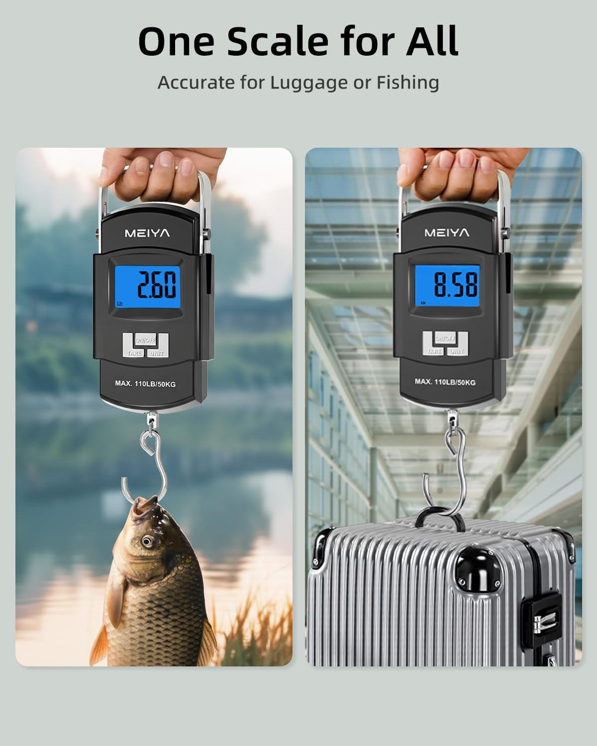 MEIYA Balance de poisson portable de 50 kg, balance numérique à suspendre avec crochet, cadeau de pêche pour homme, outil de pesage pour valises et poissons, comprend 2 piles AAA, écran LCD