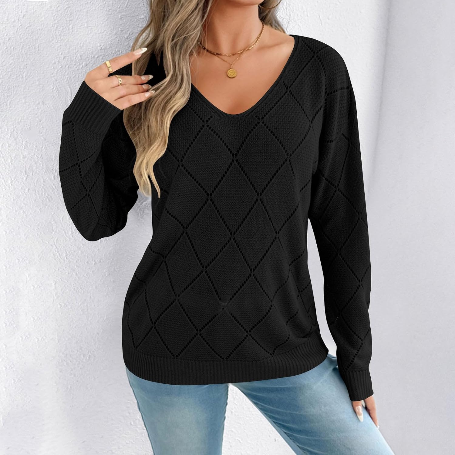 Women's Hollow Out V Neck Sweater Business Casual Pullover Tops Fall Long Sleeve Clothes Casual Trendy Outfits