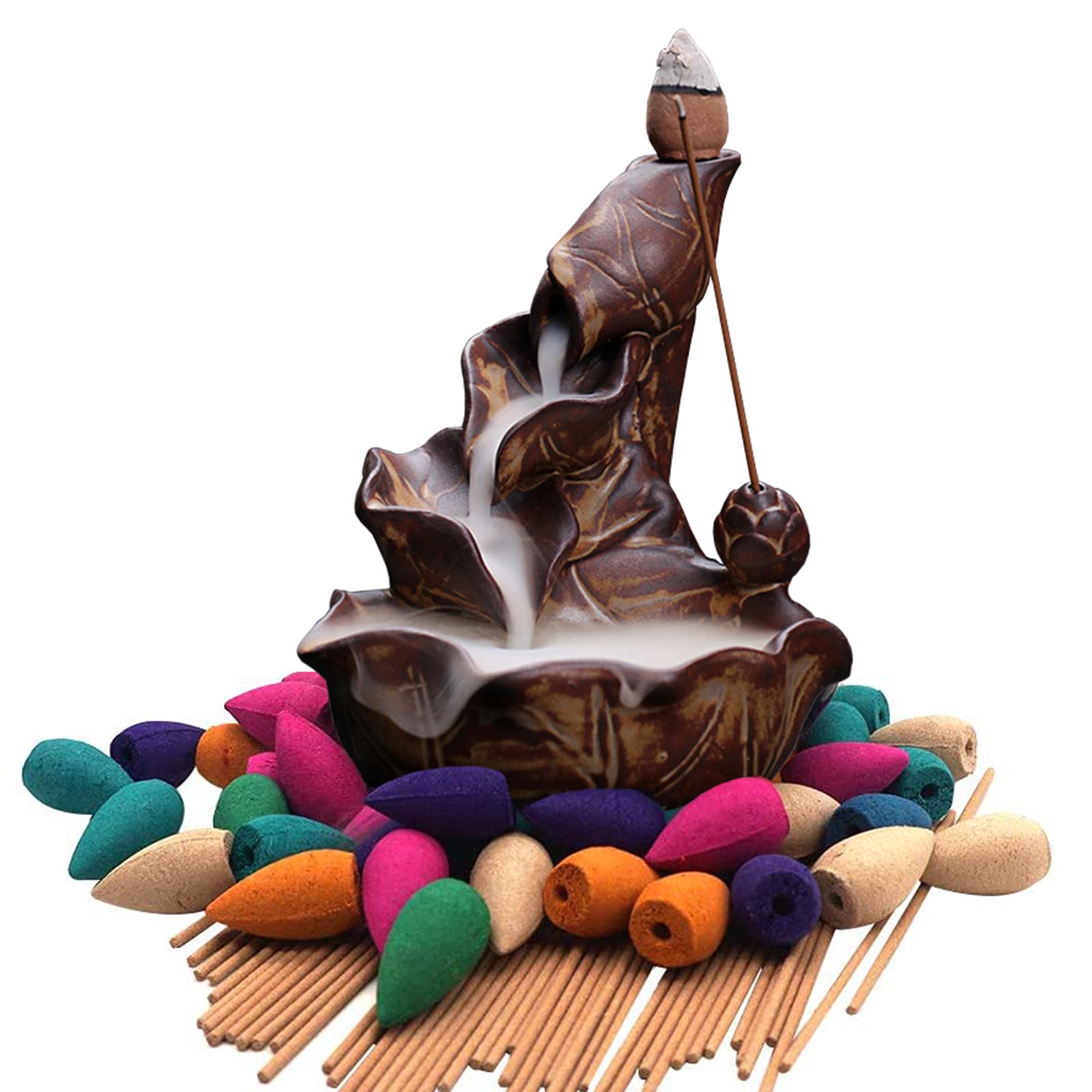 Moylor Ponds Waterfall Incense Burner Kit Include 45 pcs Backflow Cone Incense and Sticks Incense Holders for Home Decor, Yoga, Reading, Aromatherapy, Meditation