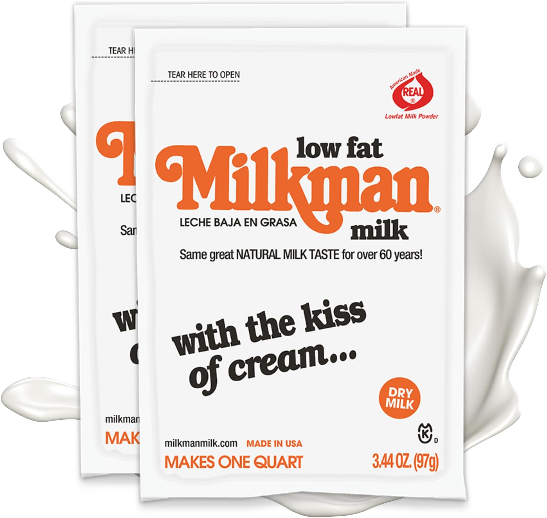 Milkman Low-Fat Milk - Instant Dry Milk Powder Packets - For Coffee, Baking, or Travel - Just Add Water, Makes One Quart - Classic, Natural Taste with the Kiss of Cream! (2 Pack)