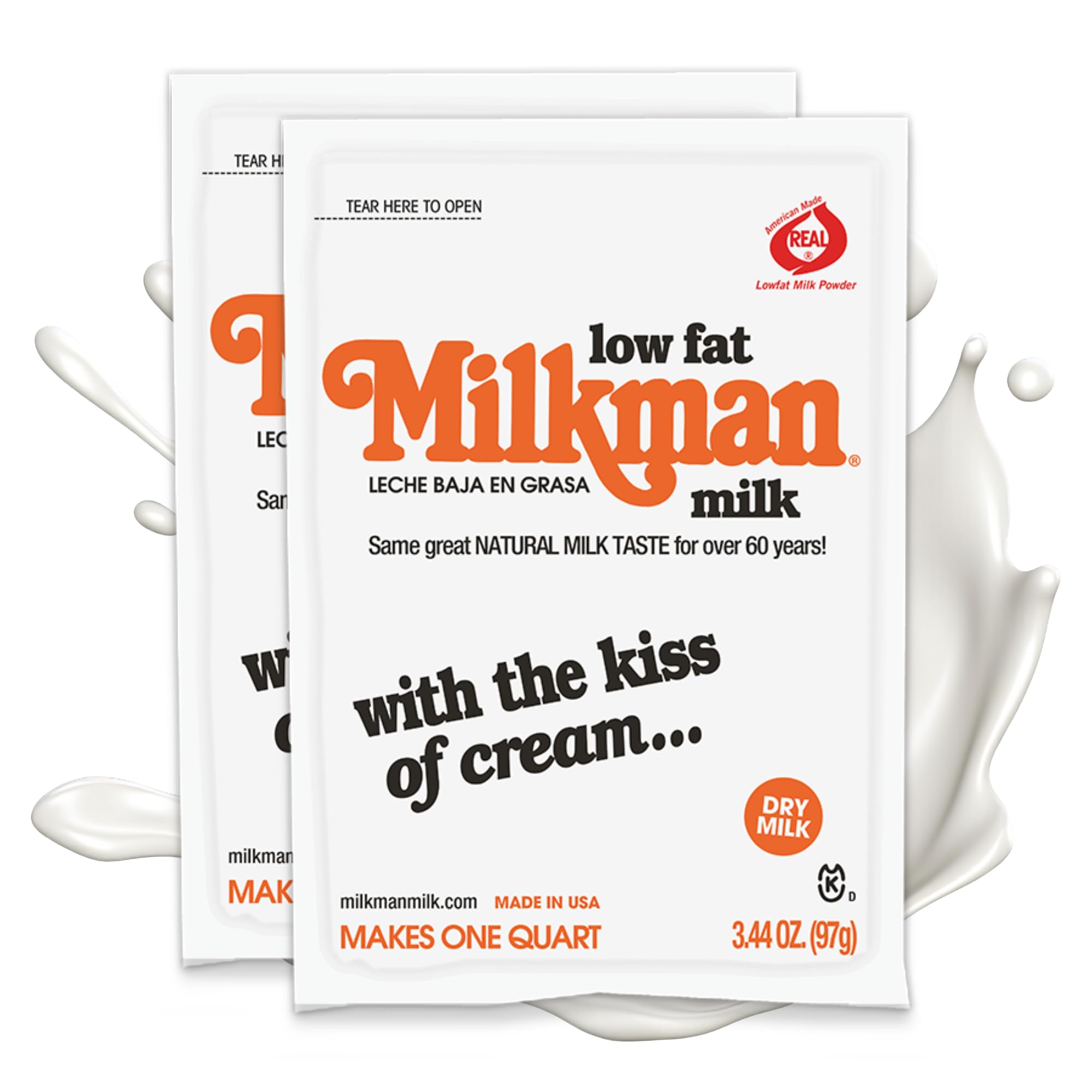Milkman Low-Fat Milk - Instant Dry Milk Powder Packets - For Coffee, Baking, or Travel - Just Add Water, Makes One Quart - Classic, Natural Taste with the Kiss of Cream! (2 Pack)