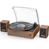 Record Player with External Bookshelf Speakers Belt-Drive Vintage Turntable for Vinyl Records Passive Dual Stereo Speakers LP Players 3 Speed Wireless AUX Headphone Input Auto Stop Retro Brown Wooden