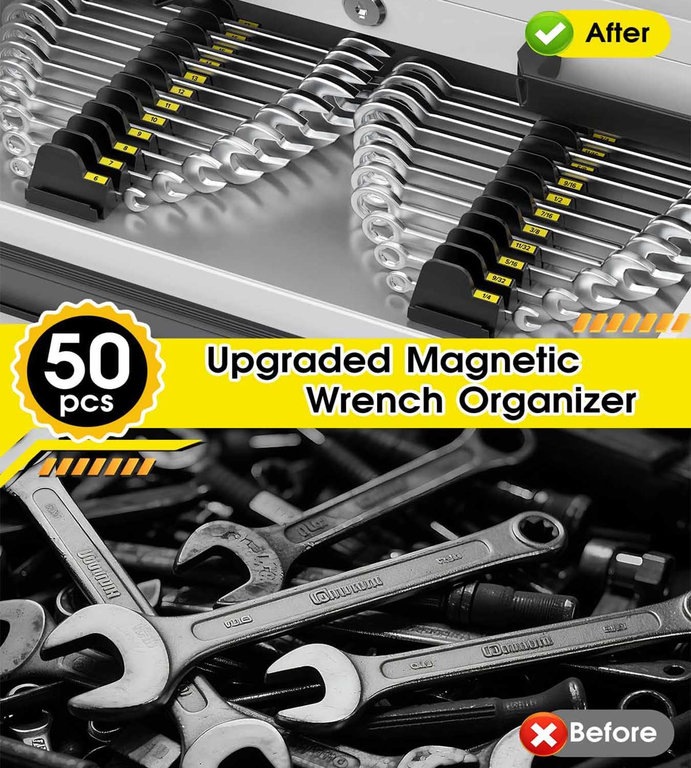 50pcs Magnetic Wrench Organizer Set for Tool Box,Modular Wrench Holder with Metric&SAE Labels