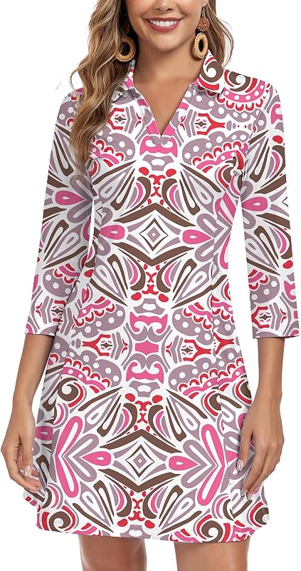 WOWENY 3/4 Sleeve Dress for Women with Pockets V Neck UPF 50+ Casual Sun Dress Breathable Quick Dry Beach Vacation