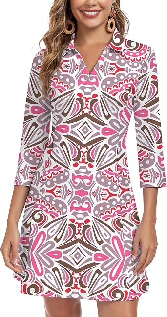 WOWENY 3/4 Sleeve Dress for Women with Pockets V Neck UPF 50+ Casual Sun Dress Breathable Quick Dry Beach Vacation Pink Pattern, L